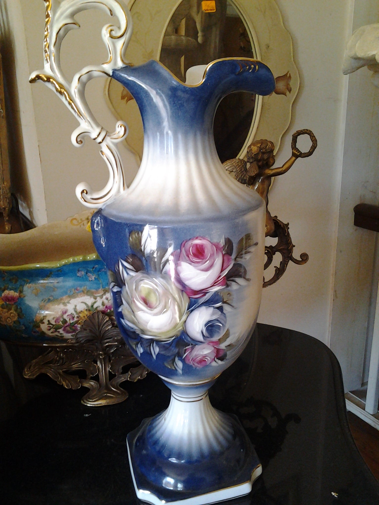 Porcelain - Blue Pitcher Vase w/ Flower Hand Painted-Jantiques LLC.