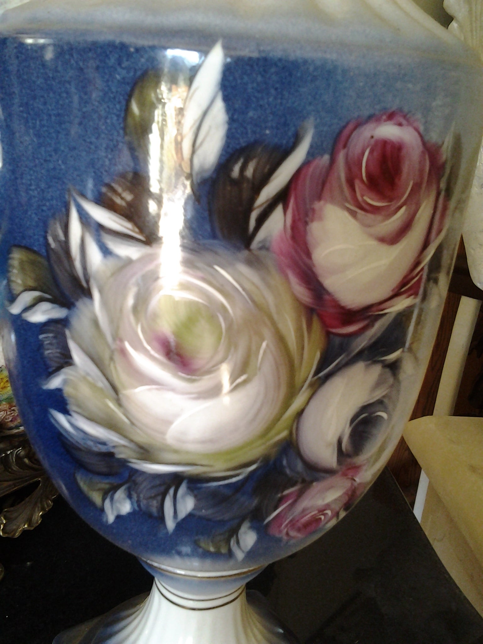 Porcelain - Blue Pitcher Vase w/ Flower Hand Painted-Jantiques LLC.