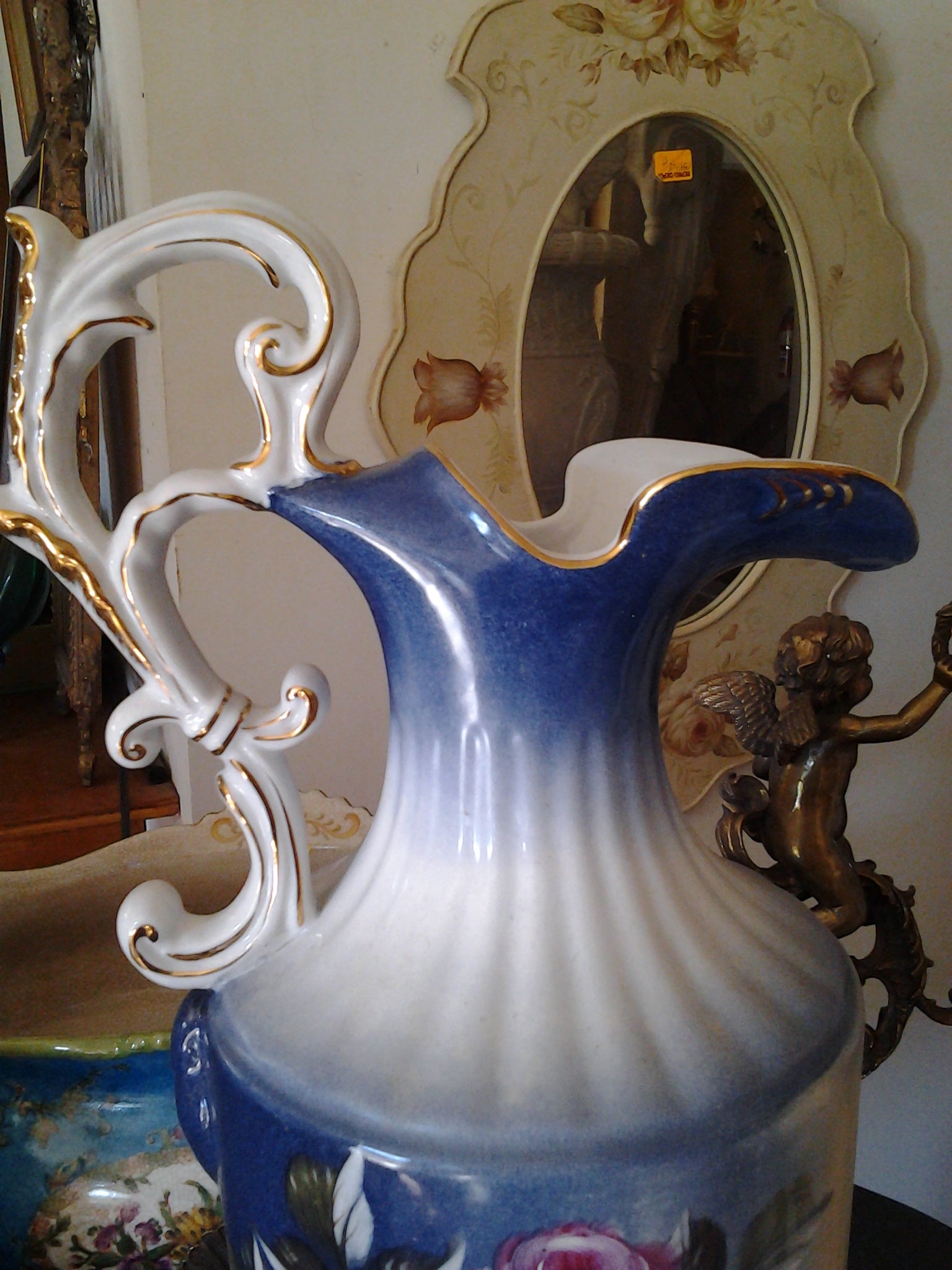 Porcelain - Blue Pitcher Vase w/ Flower Hand Painted-Jantiques LLC.