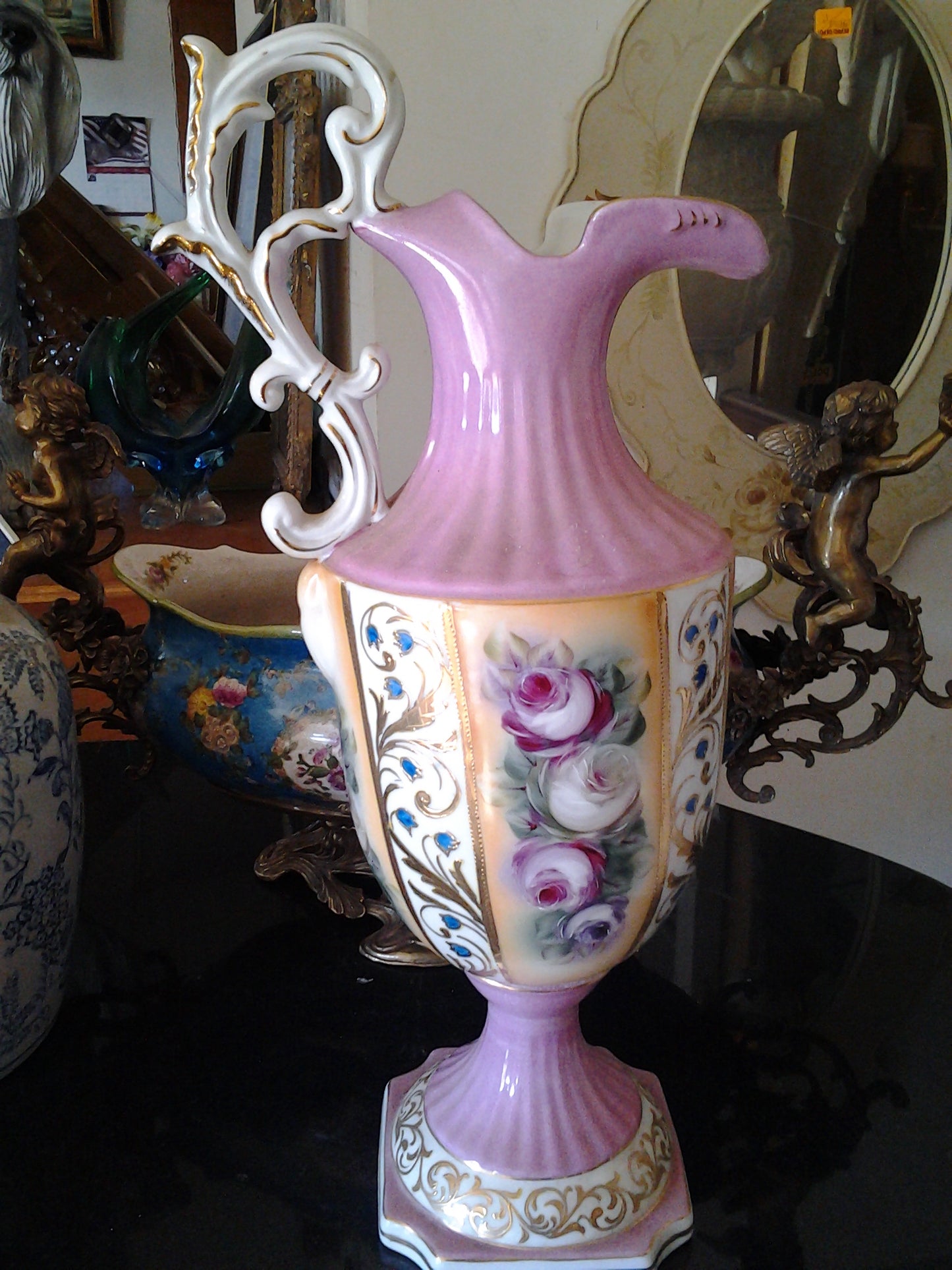 Porcelain - Pink Pitcher Vase w/ Flower Hand Painted-Jantiques LLC.