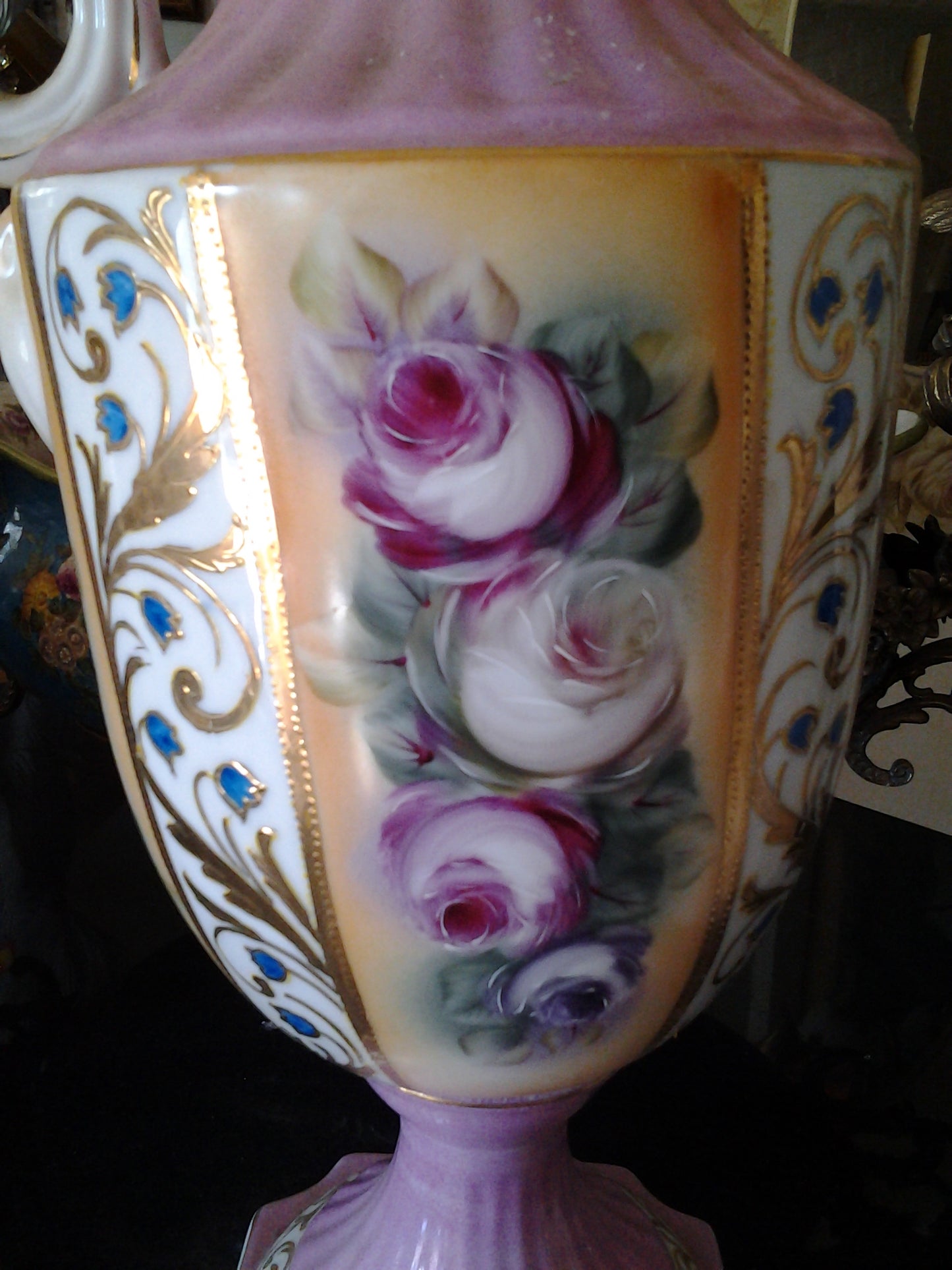 Porcelain - Pink Pitcher Vase w/ Flower Hand Painted-Jantiques LLC.