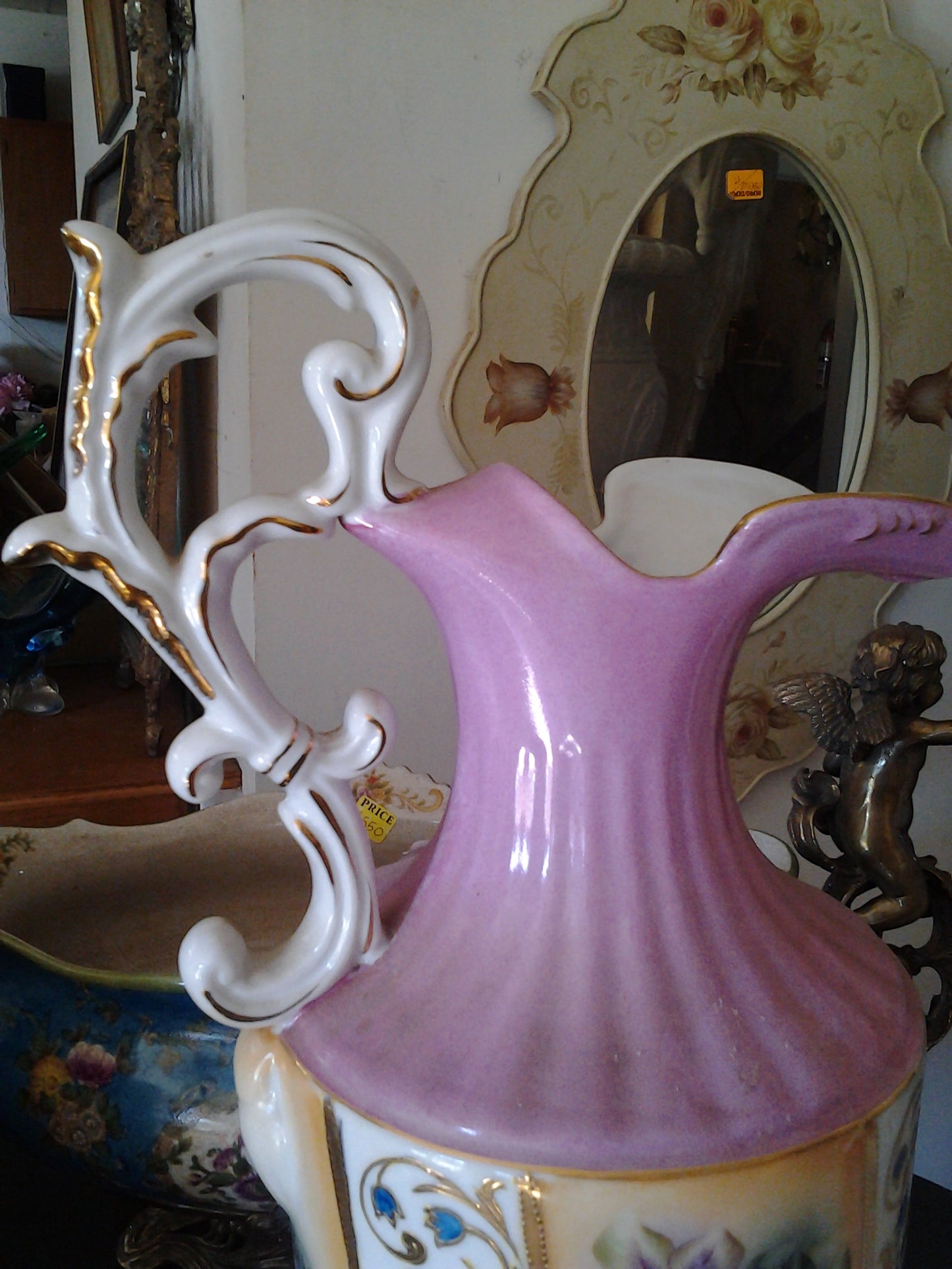 Porcelain - Pink Pitcher Vase w/ Flower Hand Painted-Jantiques LLC.