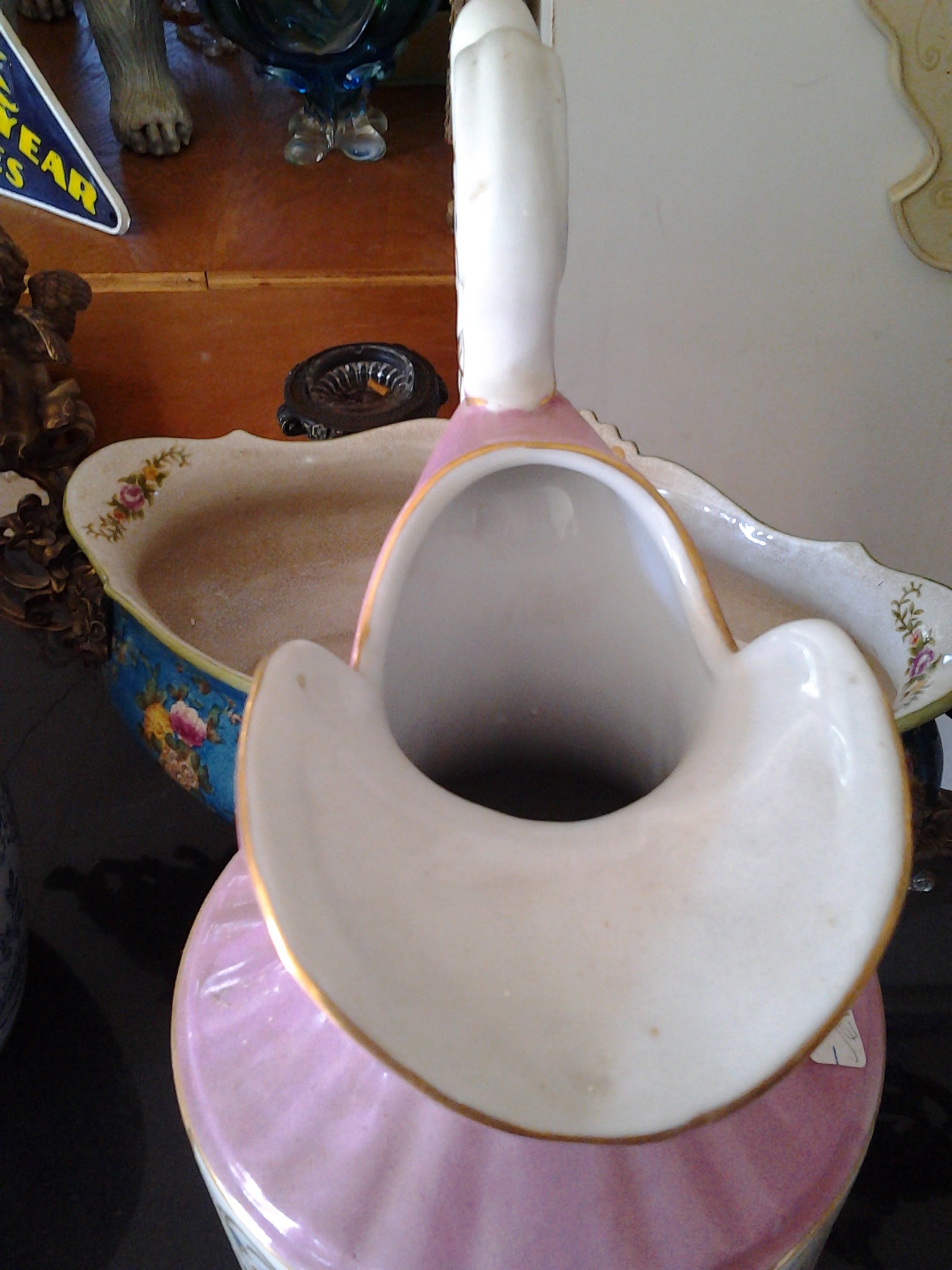 Porcelain - Pink Pitcher Vase w/ Flower Hand Painted-Jantiques LLC.