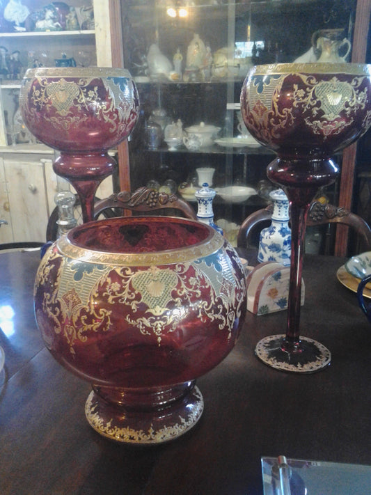 Moser Glass - 3 Piece Set Cranberry Red w/ Gilded-Jantiques LLC.