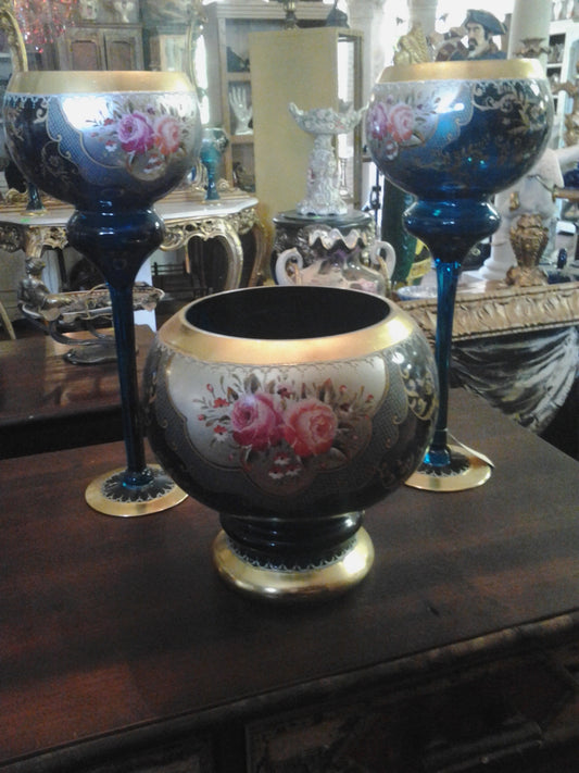 Moser Glass - 3 Piece Set Cobalt Blue w/ Gilded-Jantiques LLC.