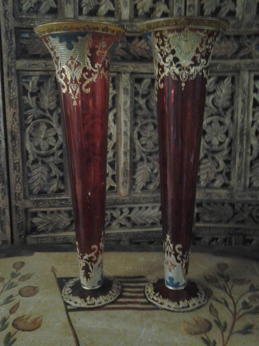 Moser Glass - Pair of Cranberry Red Vase Shape-Jantiques LLC.