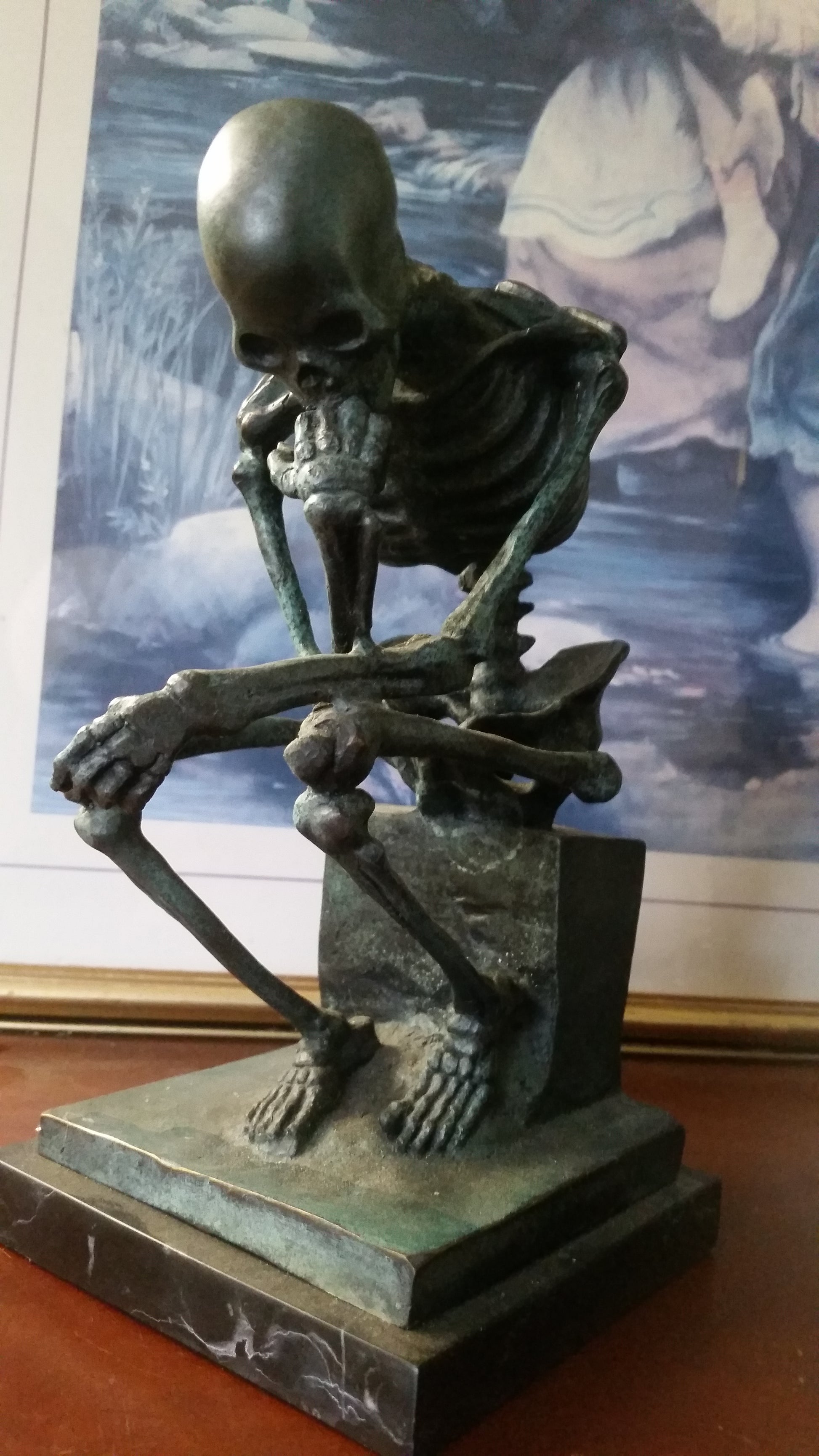 Bronze Figurine - Verde Green Thinking Skeleton on Marble Base-Jantiques LLC.