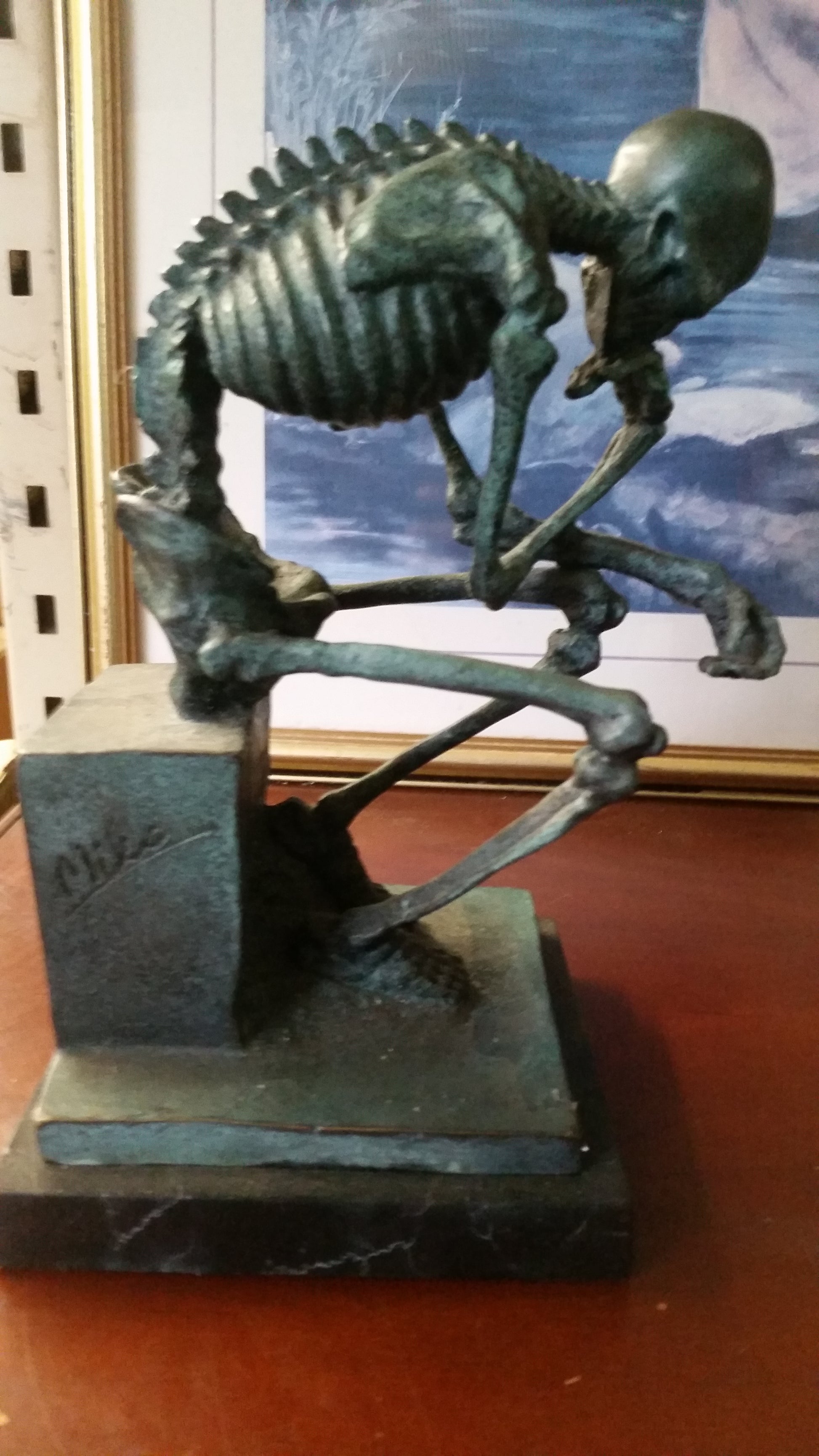 Bronze Figurine - Verde Green Thinking Skeleton on Marble Base-Jantiques LLC.