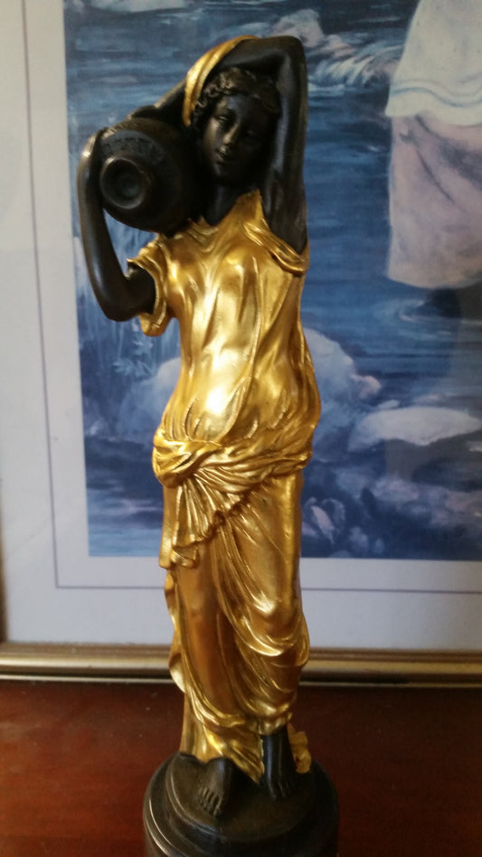 Bronze Figurine - Lady on Gold Gilded w/ Urn on Right-Jantiques LLC.