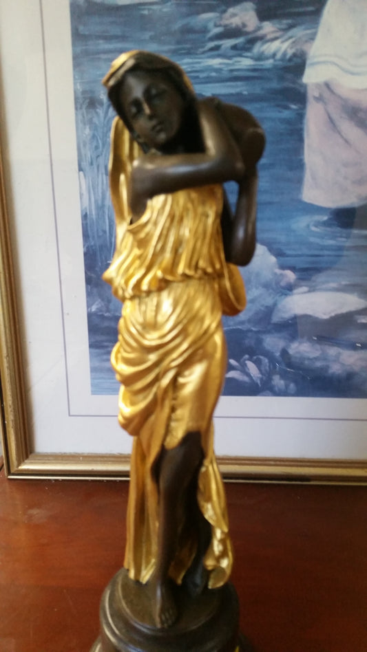 Bronze Figurine - Lady on Gold Gilded w/ Urn on Left-Jantiques LLC.