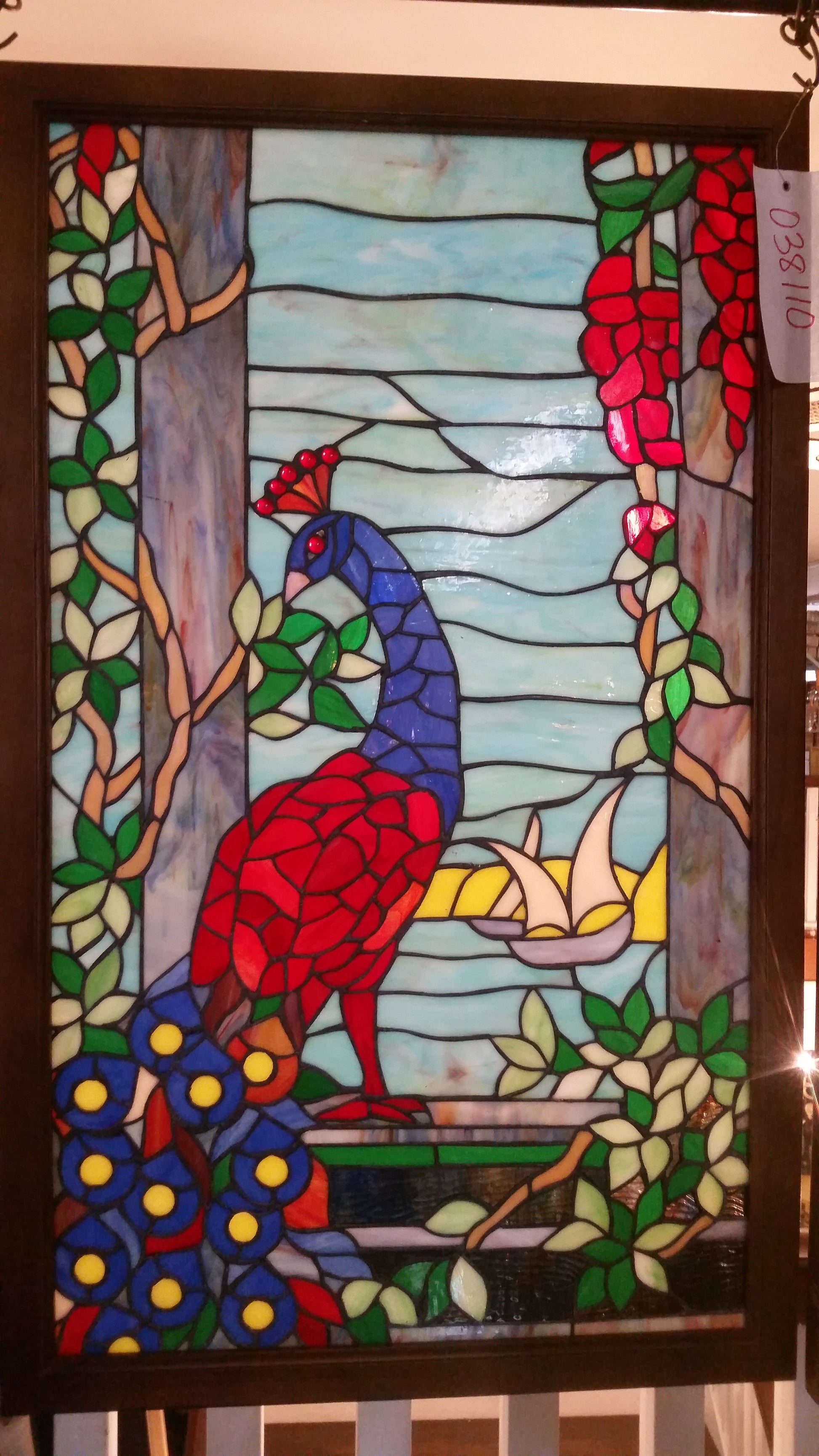 Glass Window - Stained Leaded Wood Frame Peacock Design-Jantiques LLC.