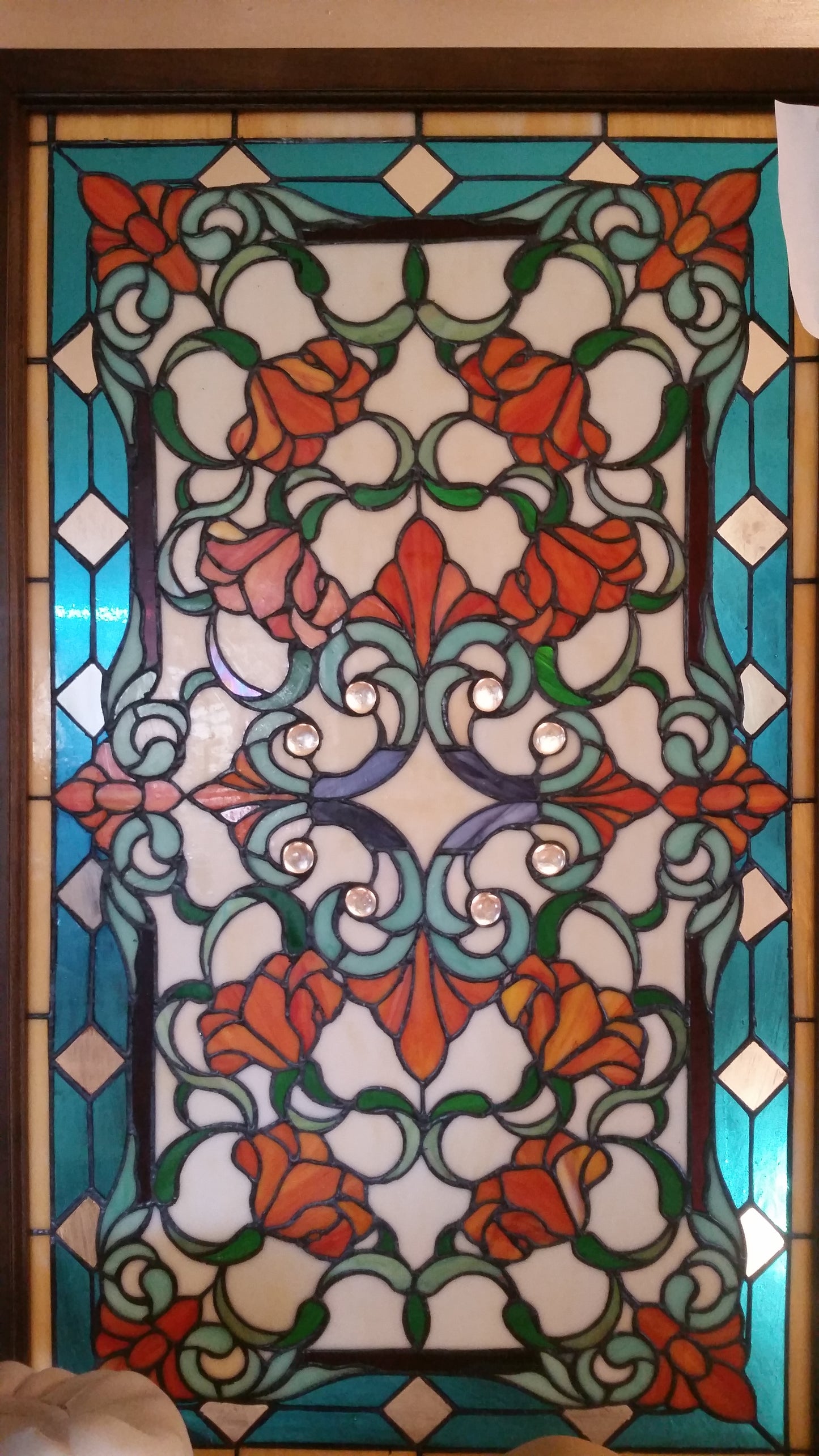 Glass Window - Stained Leaded Wood Frame Victorian w/ Flowers Design-Jantiques LLC.