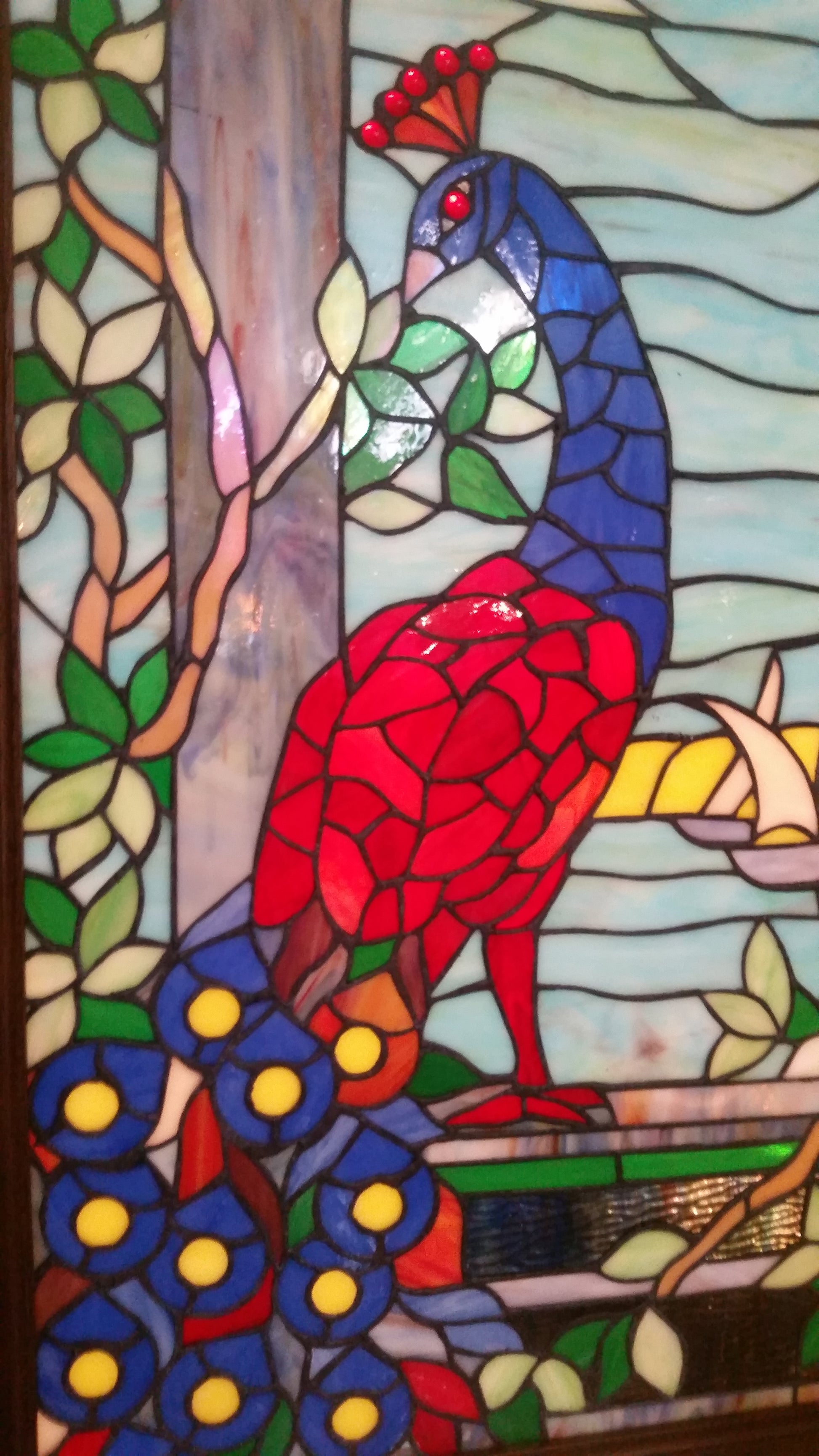 Glass Window - Stained Leaded Wood Frame Peacock Design-Jantiques LLC.