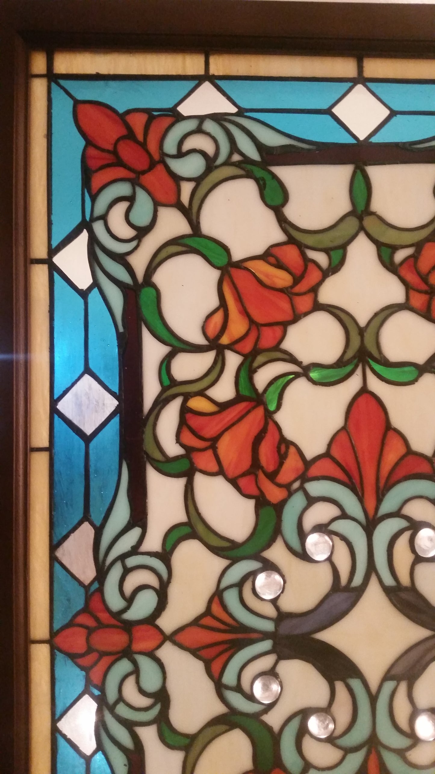 Glass Window - Stained Leaded Wood Frame Victorian w/ Flowers Design-Jantiques LLC.