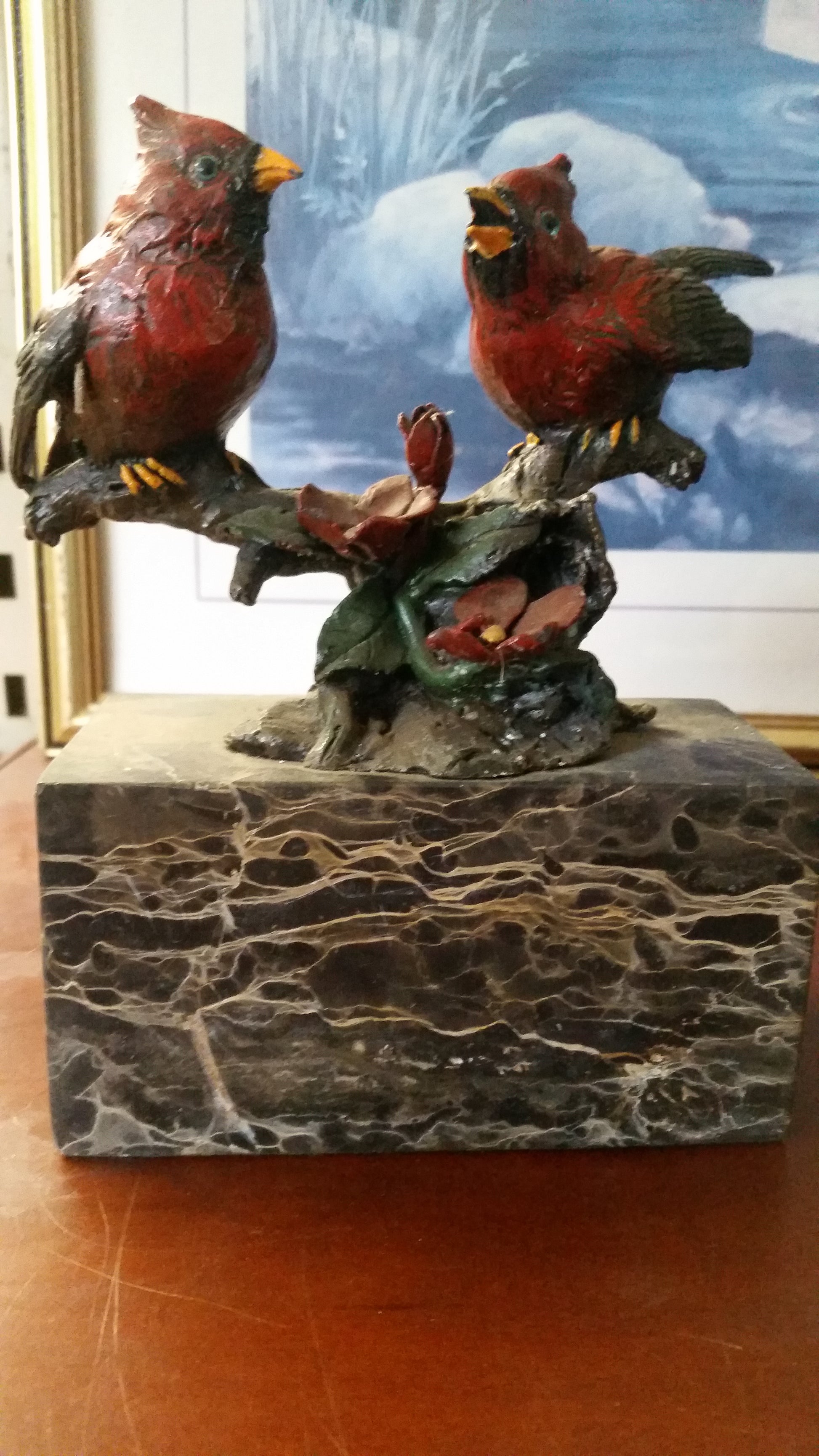 Bronze Figurine - Cardinal Birds on Marble-Jantiques LLC.