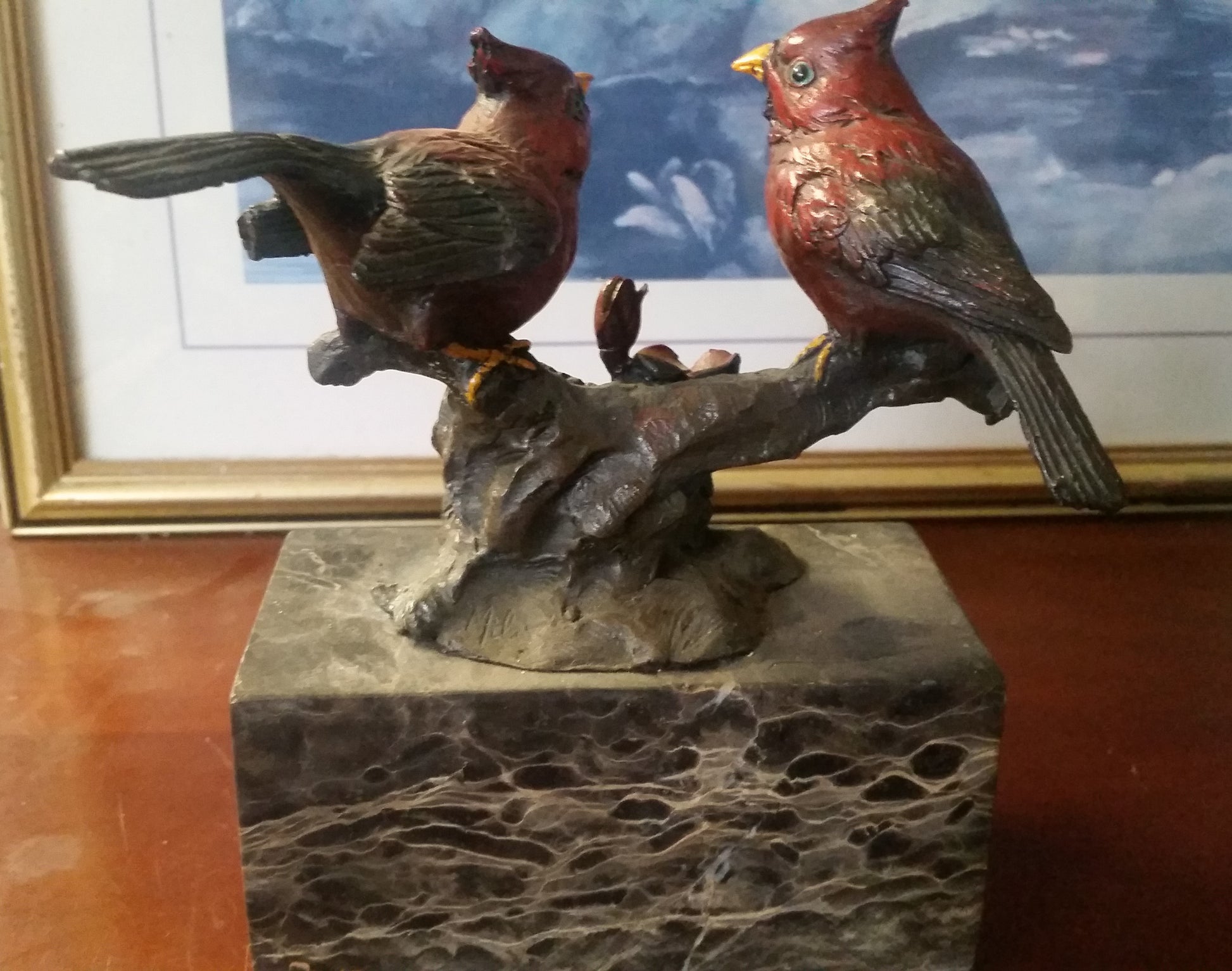 Bronze Figurine - Cardinal Birds on Marble-Jantiques LLC.