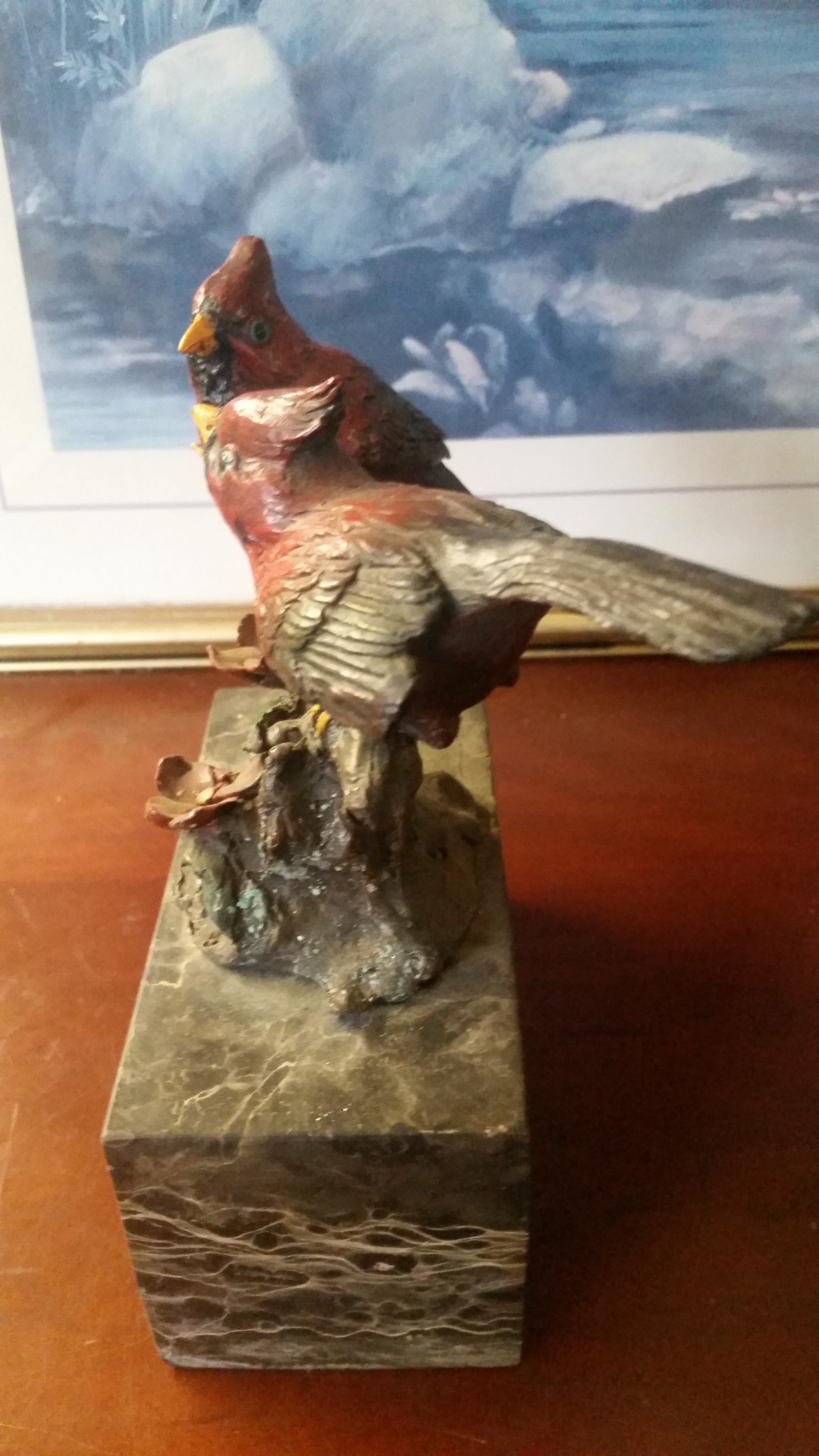 Bronze Figurine - Cardinal Birds on Marble-Jantiques LLC.