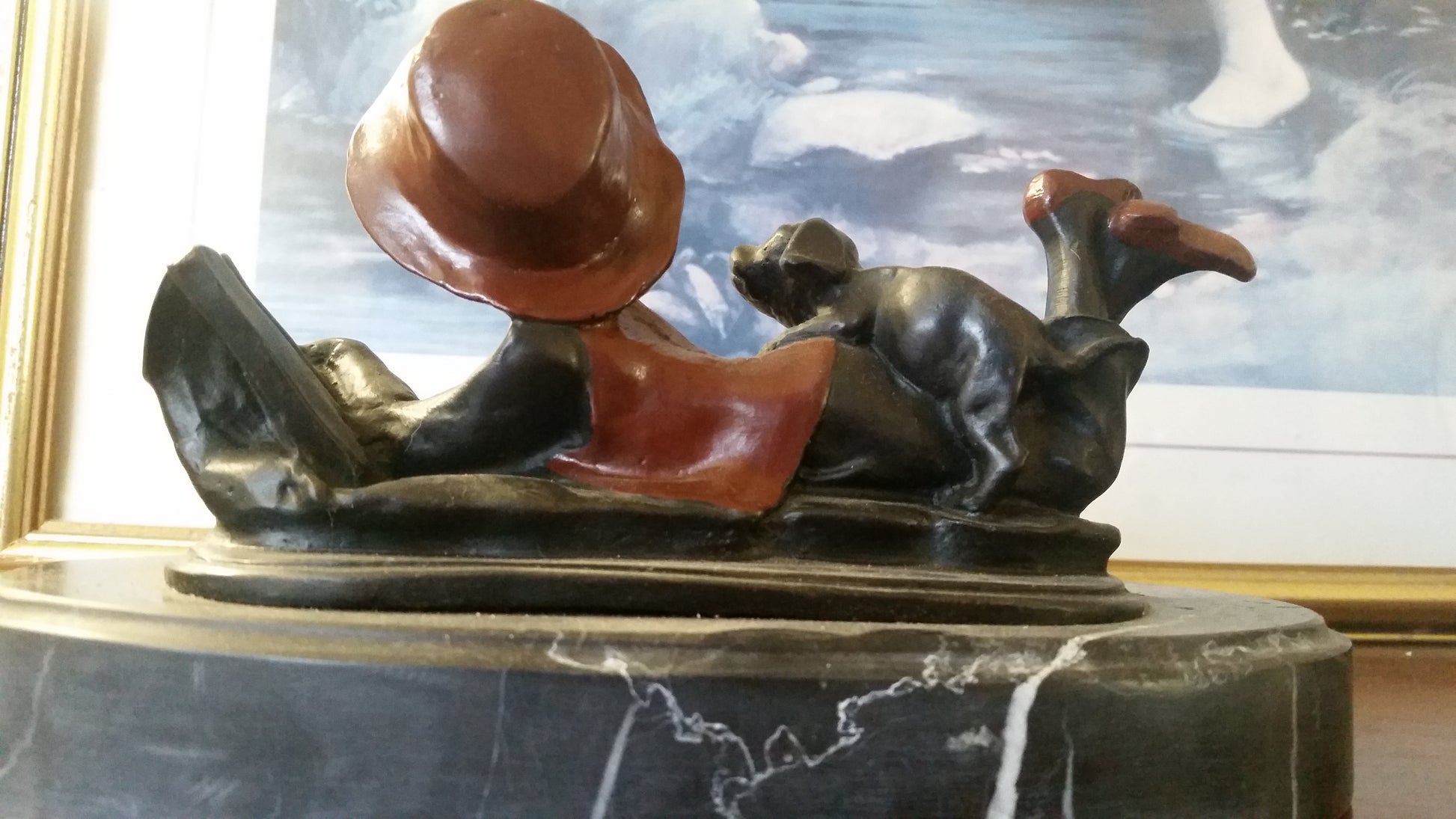 Bronze Figurine - Puppy on Reading Girl w/ Marble Base-Jantiques LLC.