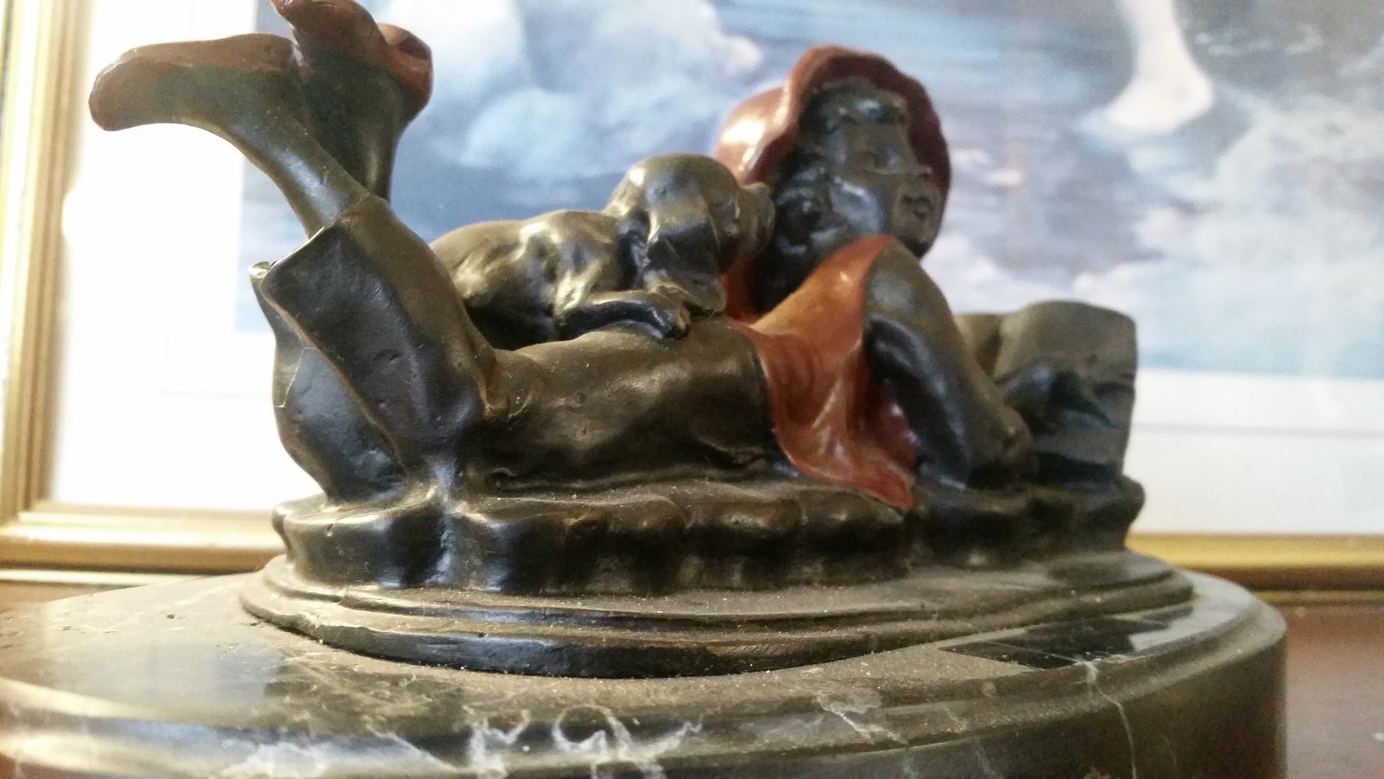 Bronze Figurine - Puppy on Reading Girl w/ Marble Base-Jantiques LLC.