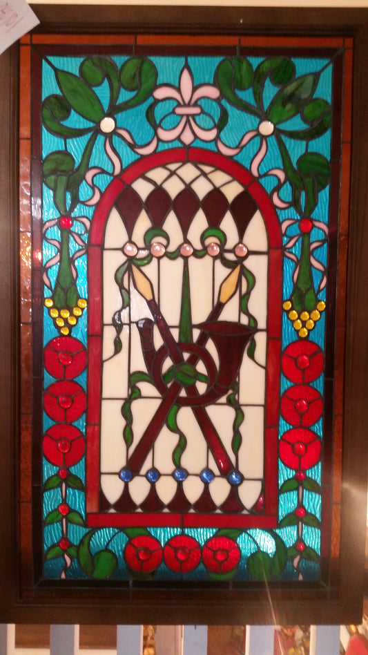 Glass Window - Stained Leaded Wood Frame Cross Spear w/ French Horn-Jantiques LLC.