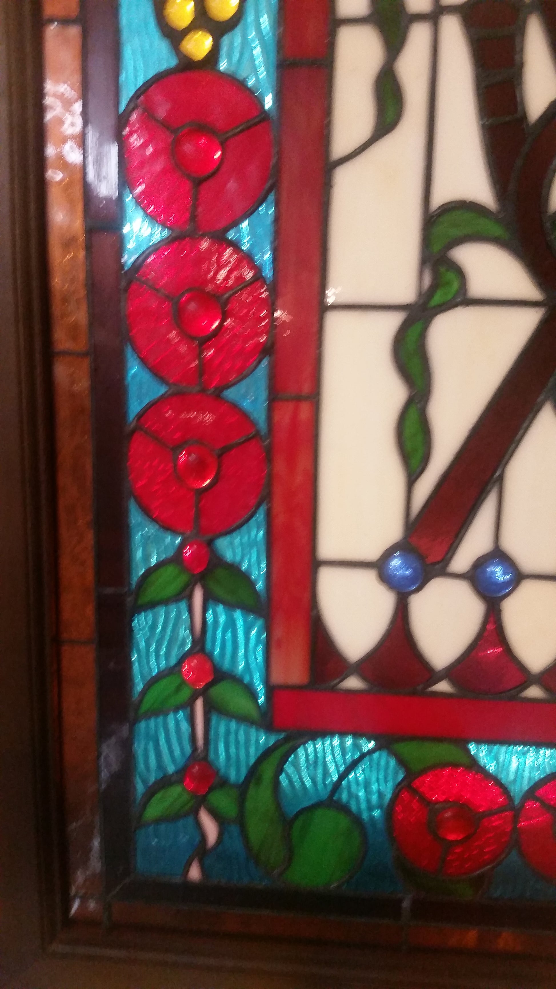 Glass Window - Stained Leaded Wood Frame Cross Spear w/ French Horn-Jantiques LLC.