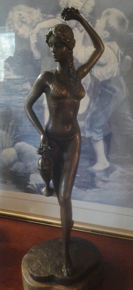 Bronze Figurine - Lady In Bikini w/ Grapes on Marble Base-Jantiques LLC.