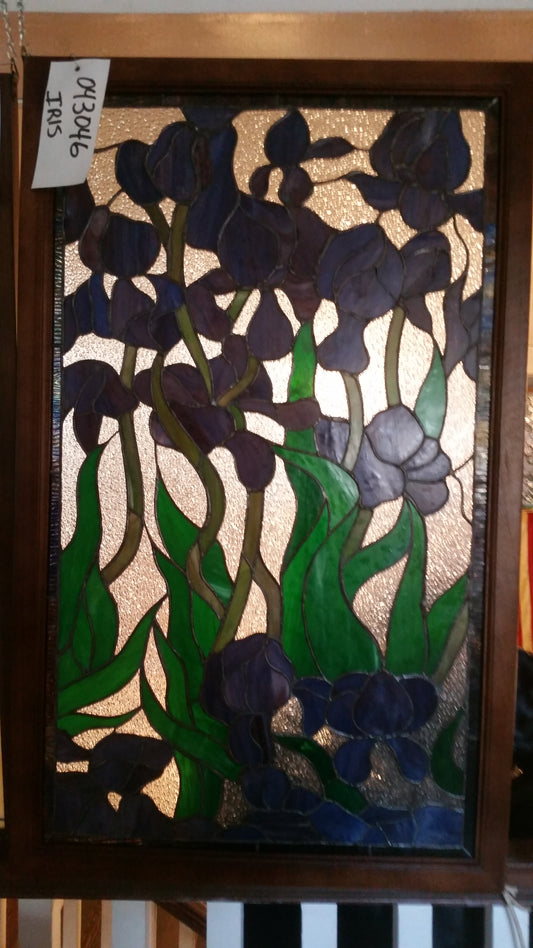 Glass Window - Stained Leaded Wood Frame w/ Blue Iris Flower-Jantiques LLC.