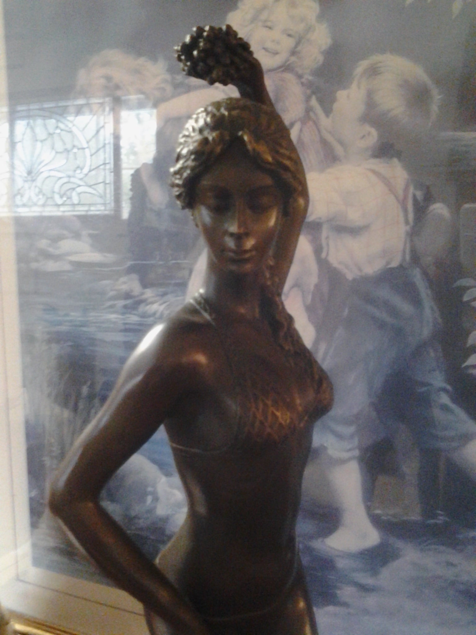 Bronze Figurine - Lady In Bikini w/ Grapes on Marble Base-Jantiques LLC.