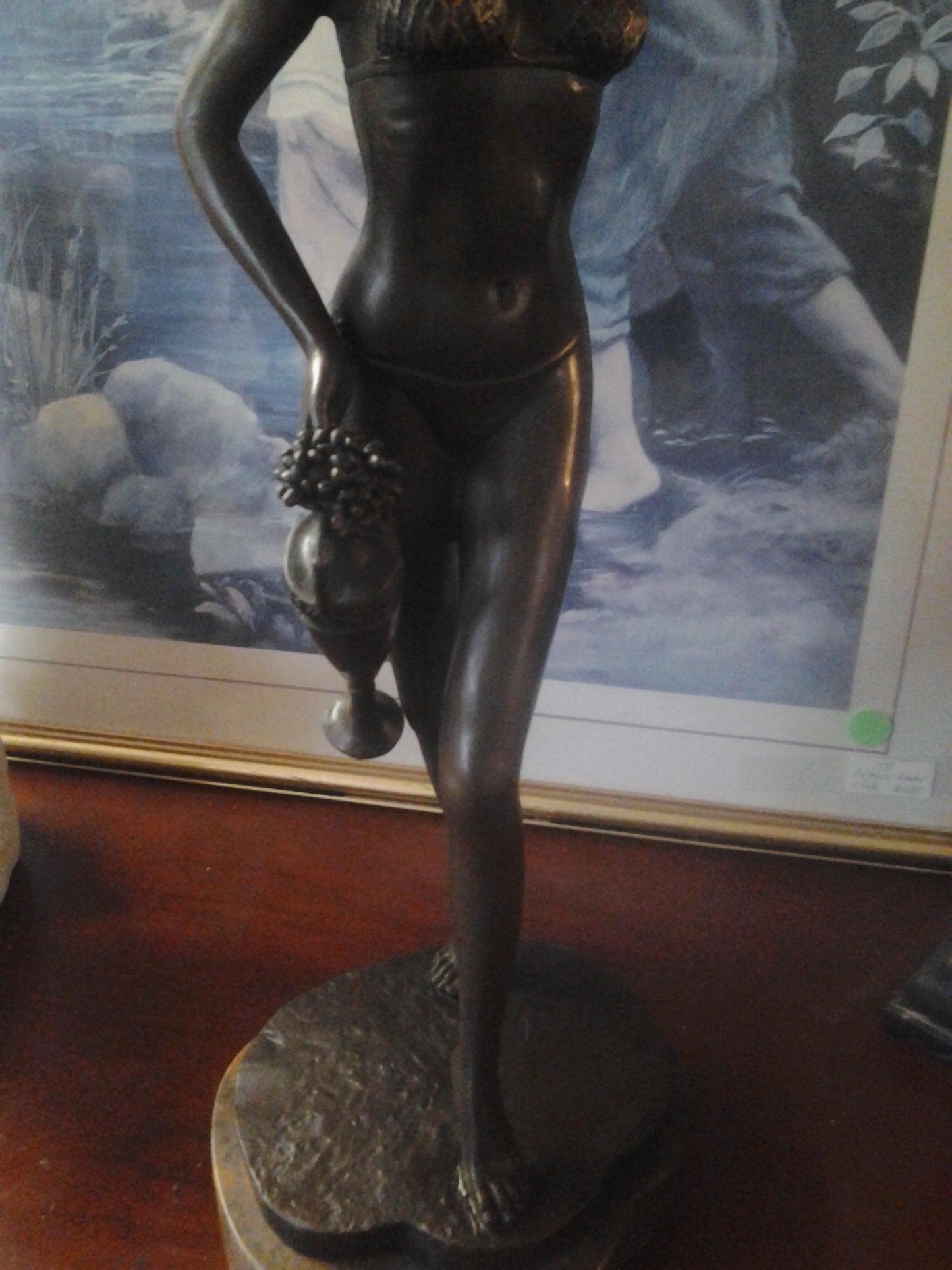 Bronze Figurine - Lady In Bikini w/ Grapes on Marble Base-Jantiques LLC.