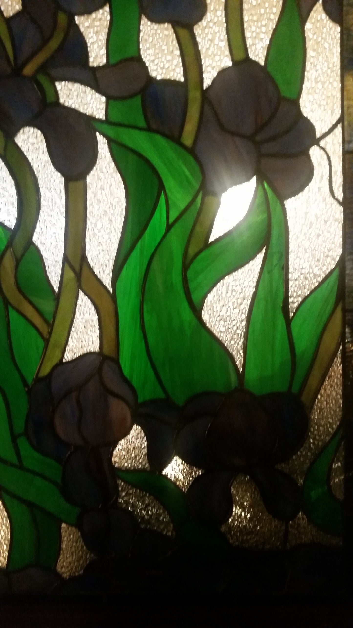 Glass Window - Stained Leaded Wood Frame w/ Blue Iris Flower-Jantiques LLC.