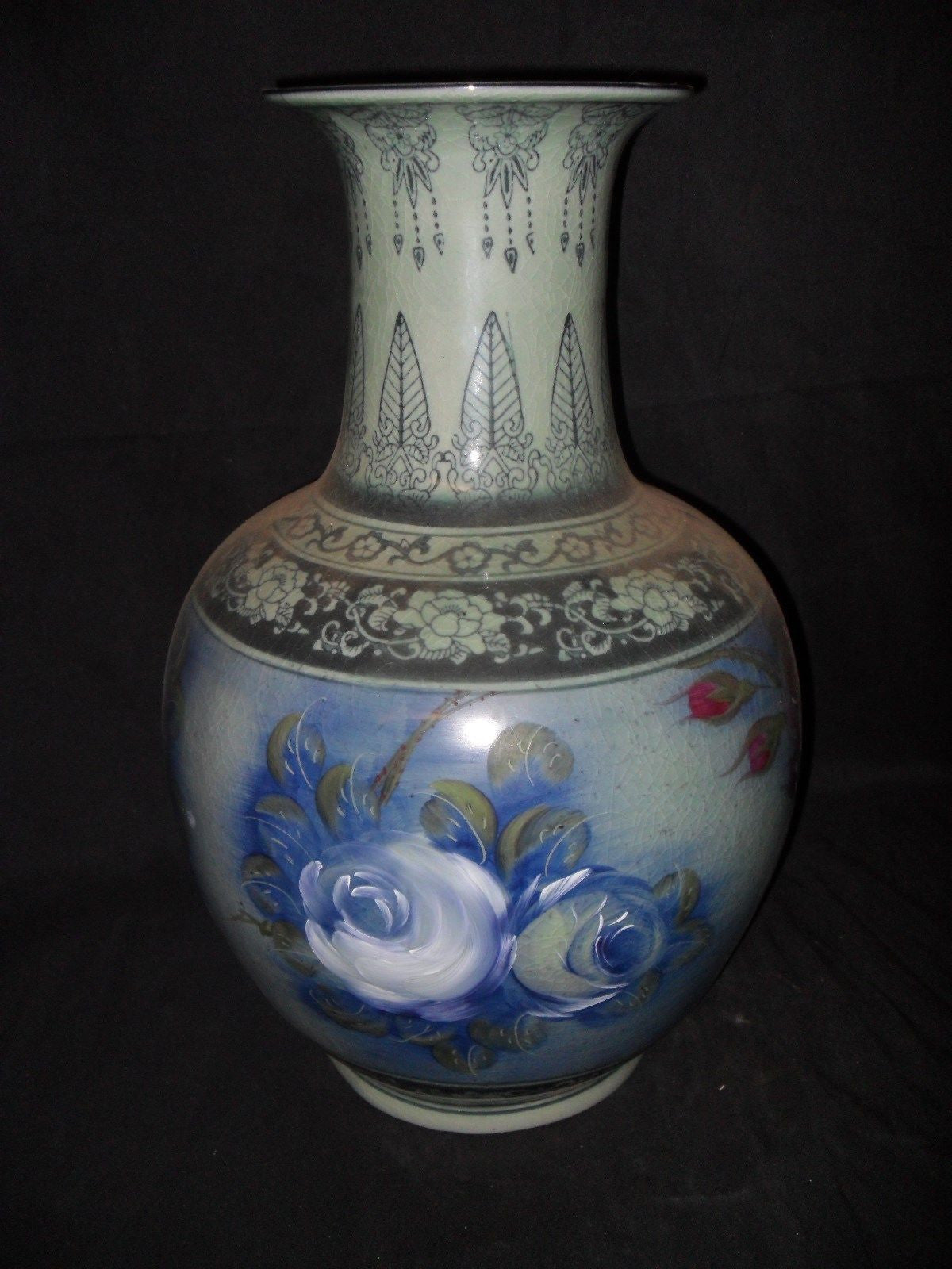 Porcelain - Vase Floral Painted Vase / Urn with Crackle Finish-Jantiques LLC.