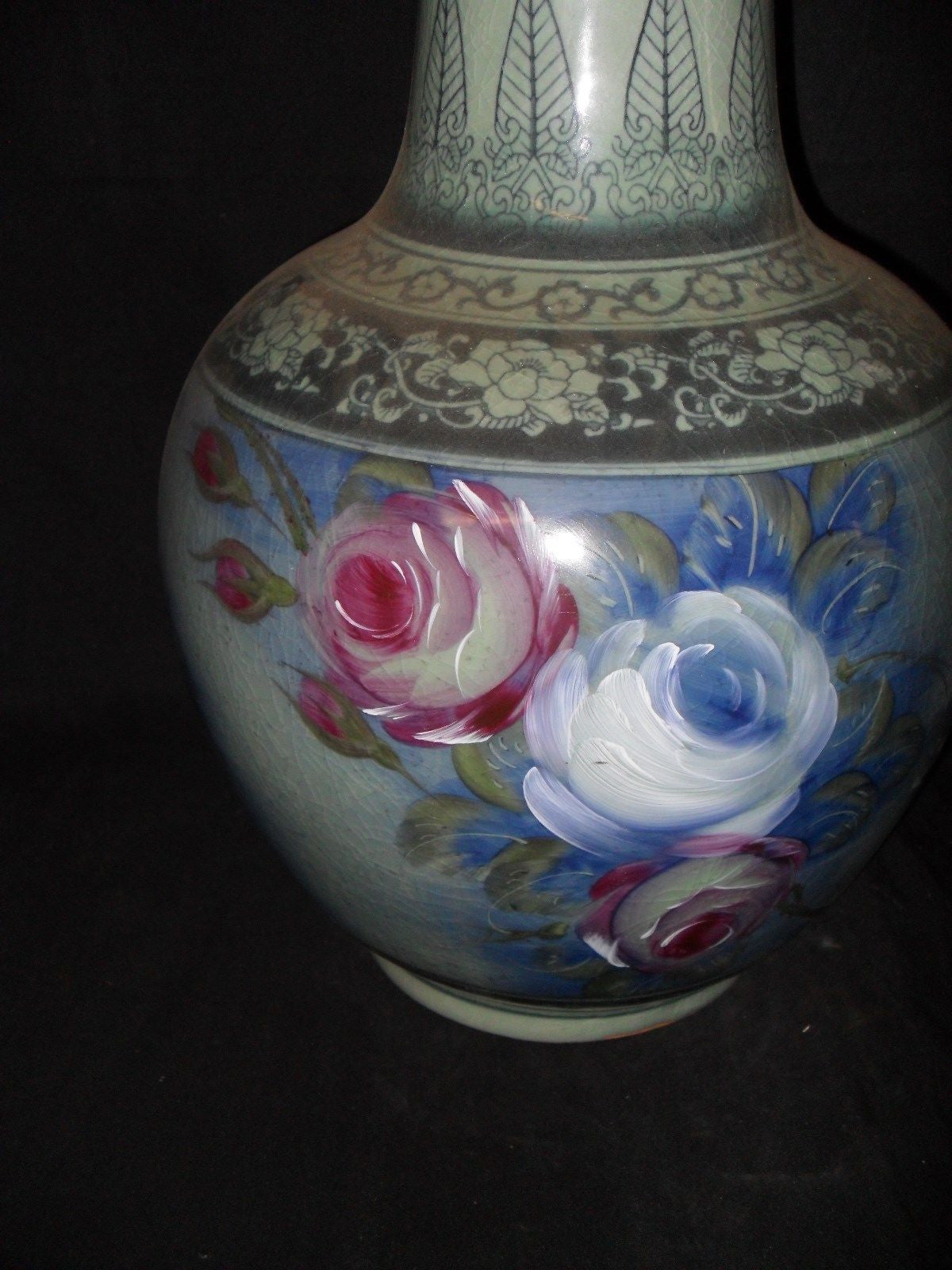 Porcelain - Vase Floral Painted Vase / Urn with Crackle Finish-Jantiques LLC.