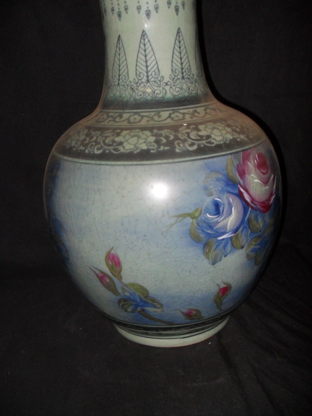 Porcelain - Vase Floral Painted Vase / Urn with Crackle Finish-Jantiques LLC.