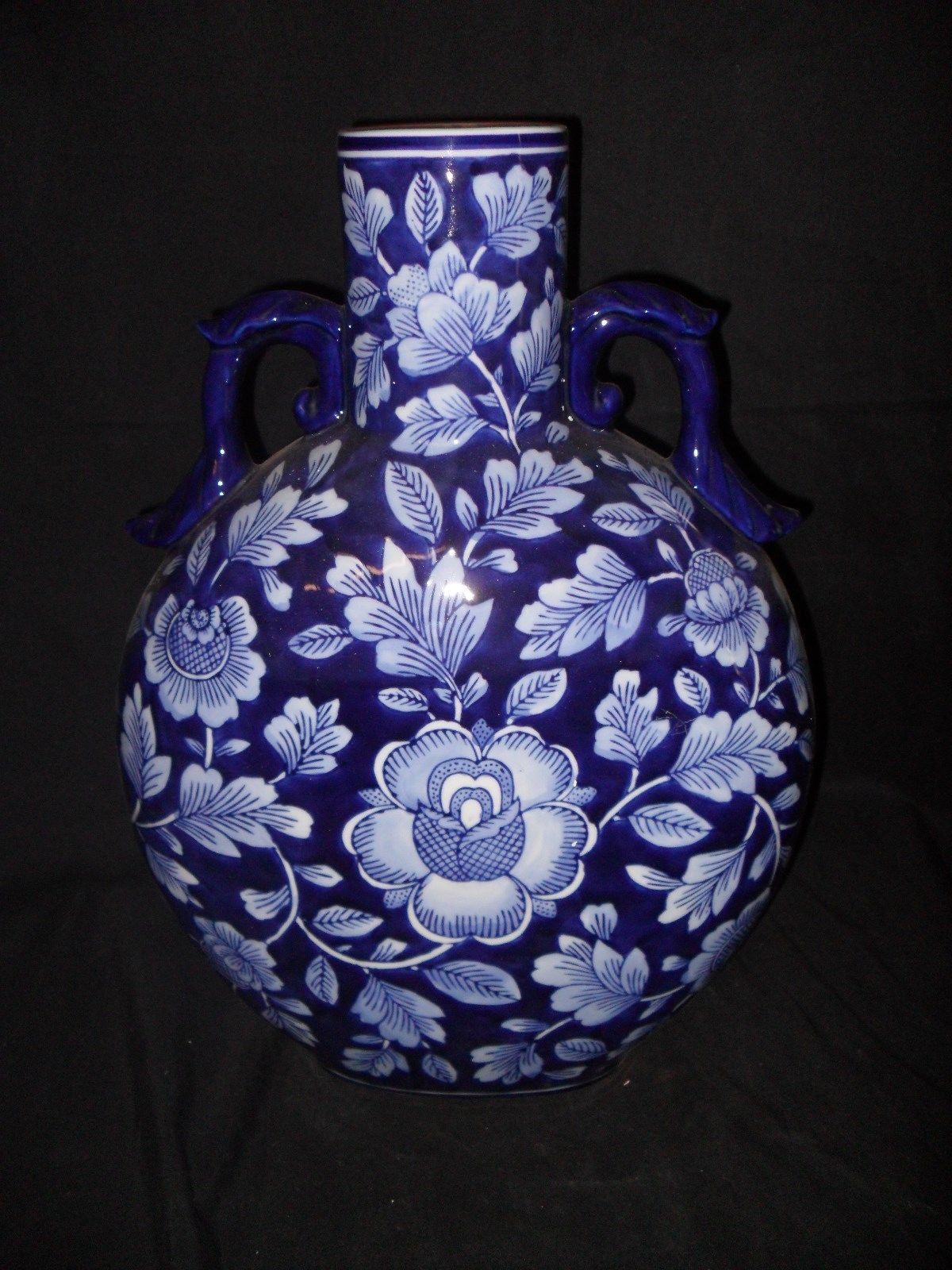 Porcelain - Vase Cobalt Porcelain Floral w/ Crazed Finish-Jantiques LLC.