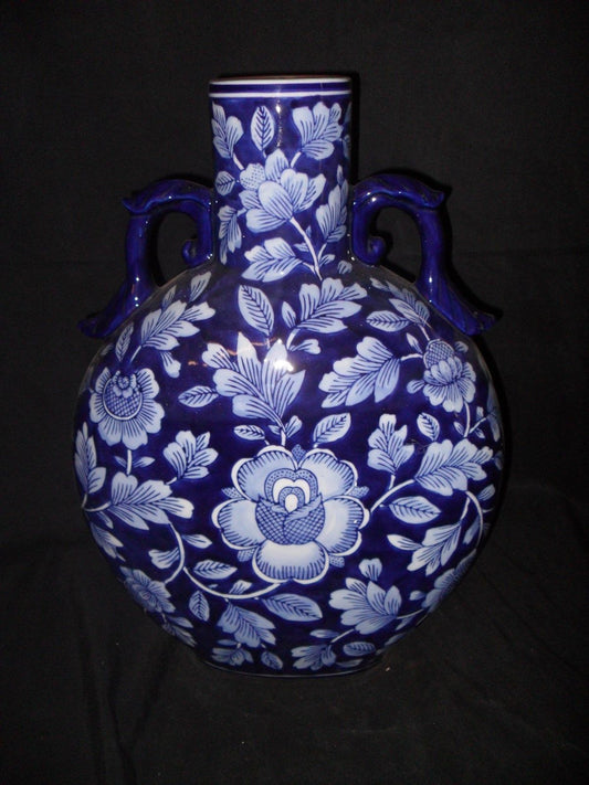 Porcelain - Vase Cobalt Porcelain Floral w/ Crazed Finish-Jantiques LLC.