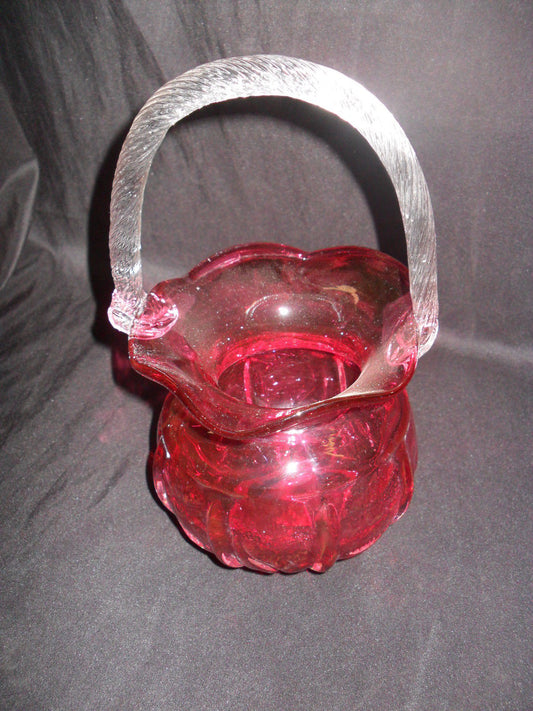 Glass Basket Vase - Fenton Style Cranberry-Jantiques LLC.