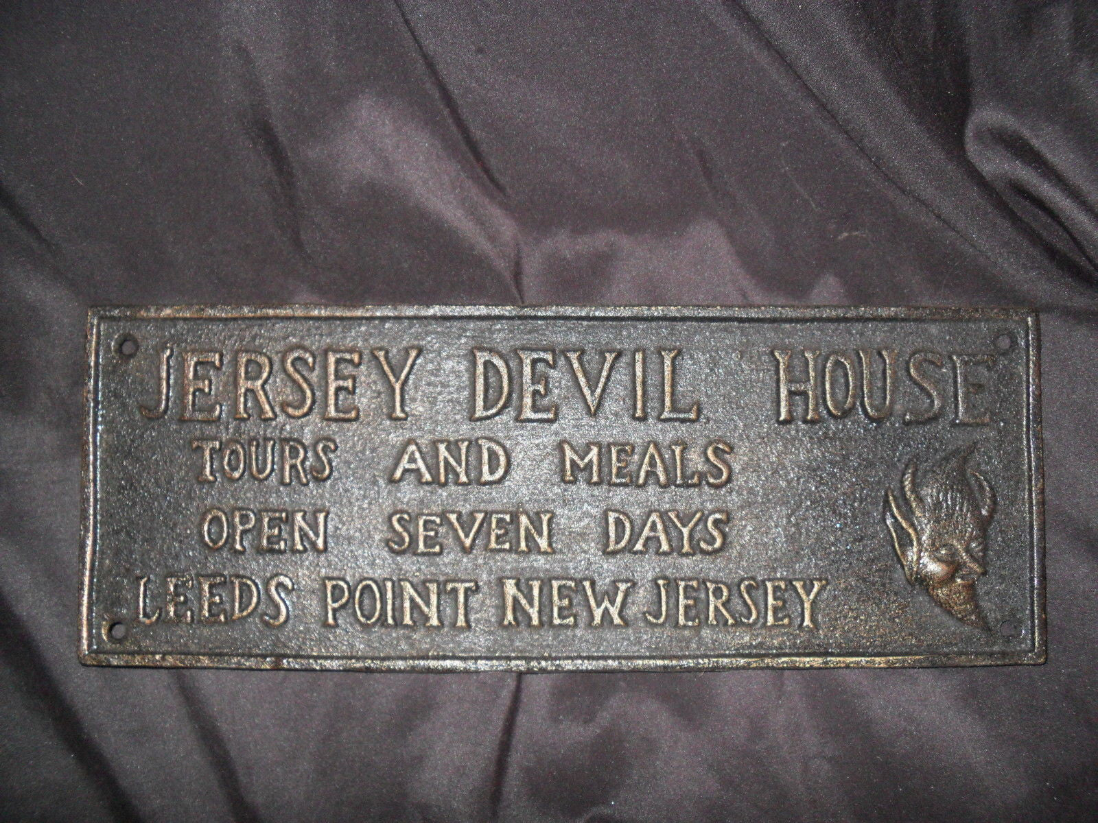 Cast Iron Sign - "JERSEY DEVIL HOUSE TOURS AND MEALS HEAVY HANGING MAN CAVE"-Jantiques LLC.