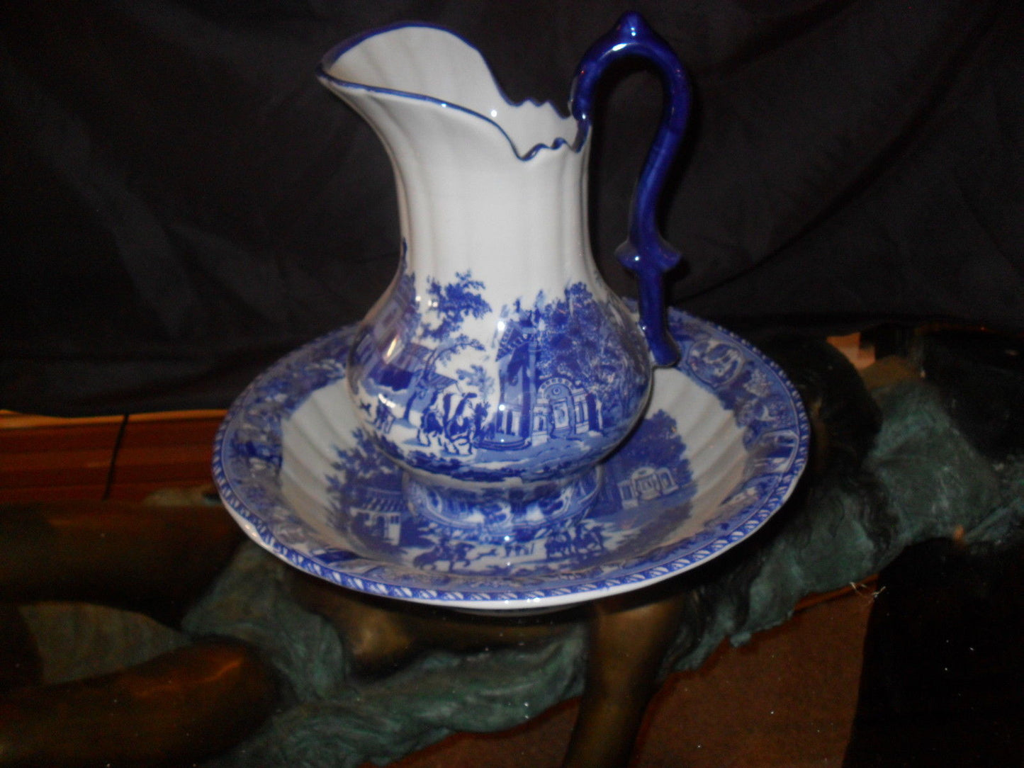 Porcelain - Flow Blue and White Pitcher and Wash Set-Jantiques LLC.