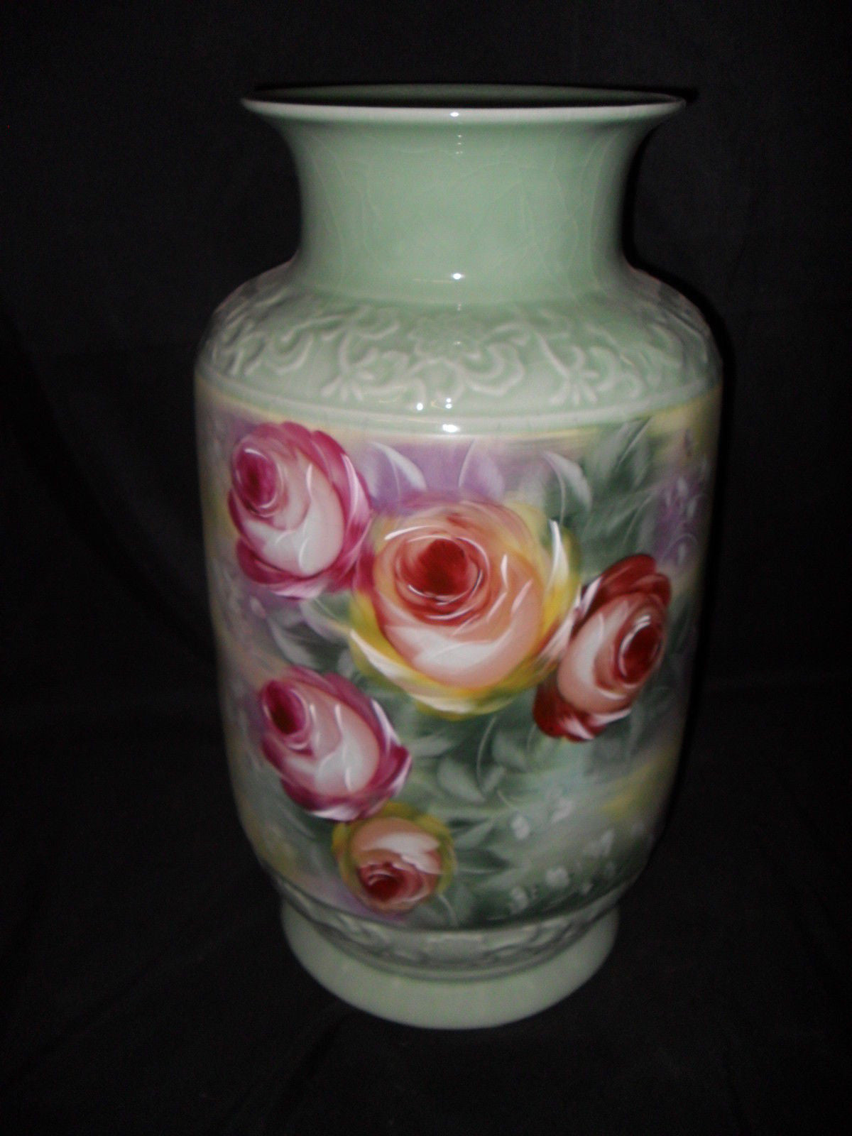 Porcelain - Vase Floral Painted w/ Crackle Finish / Raised Decorative Trim Umbrella Stand-Jantiques LLC.