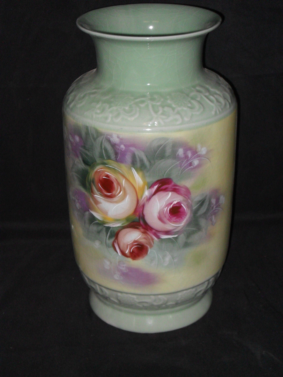 Porcelain - Vase Floral Painted w/ Crackle Finish / Raised Decorative Trim Umbrella Stand-Jantiques LLC.