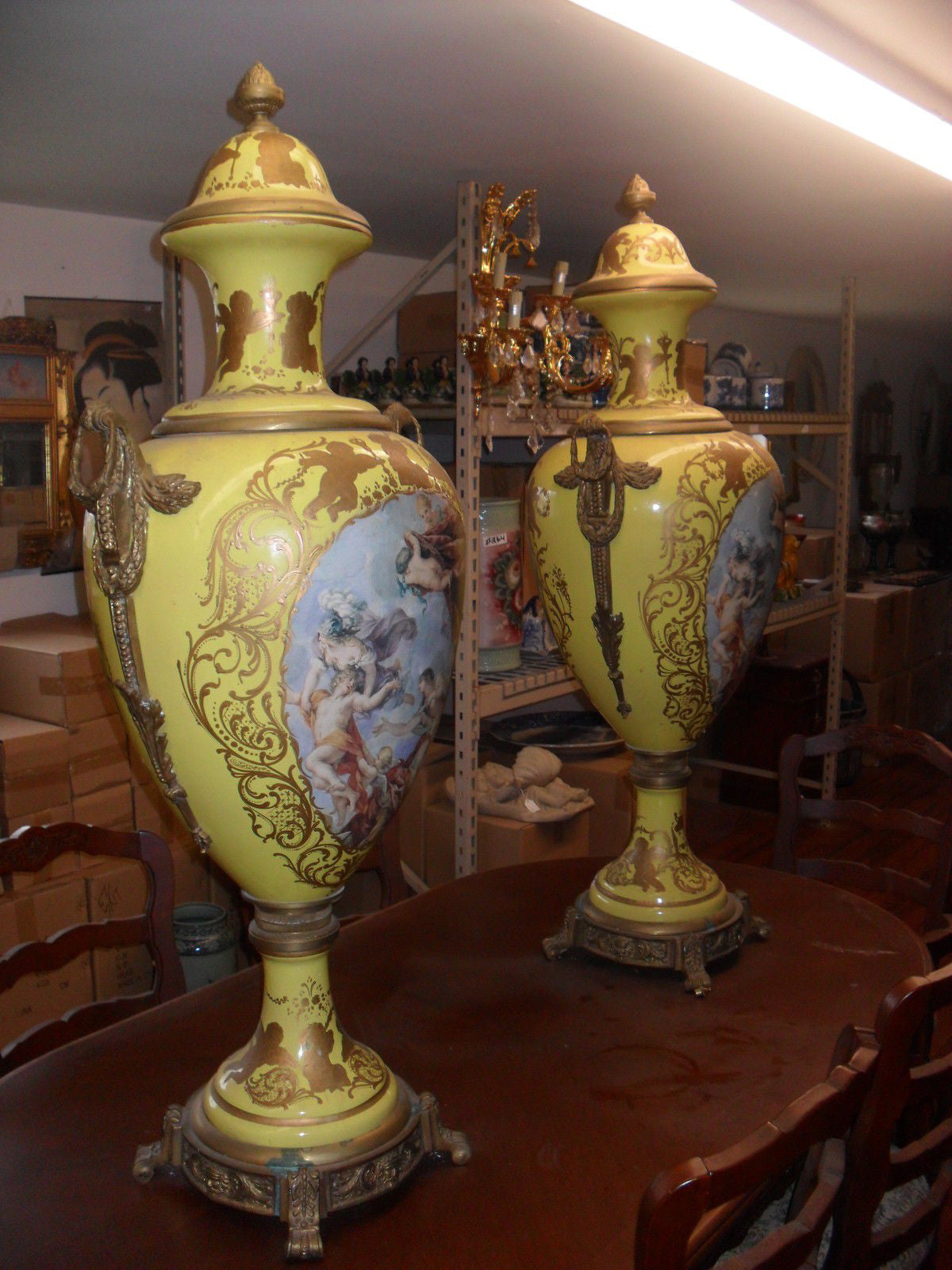 Sevres Porcelain - Pair Yellow French Temple Jar w/ Gilded Ormolu-Jantiques LLC.