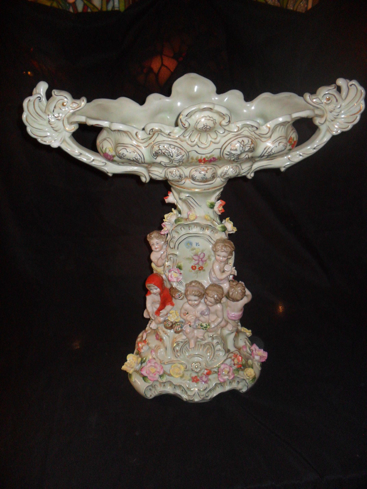 Porcelain Dresden - Centerpiece w/ Cherubs and Raised Flowers-Jantiques LLC.