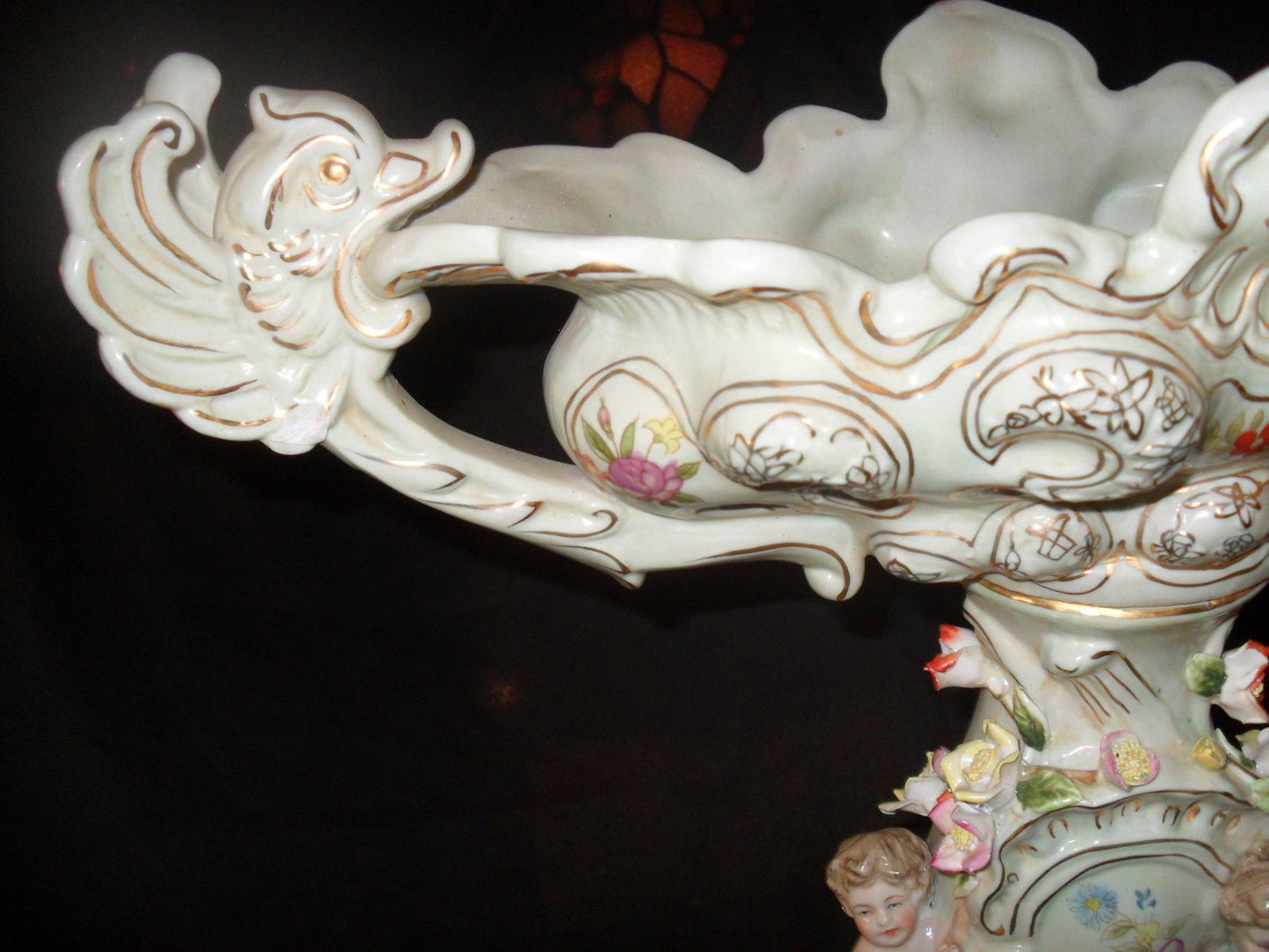 Porcelain Dresden - Centerpiece w/ Cherubs and Raised Flowers-Jantiques LLC.