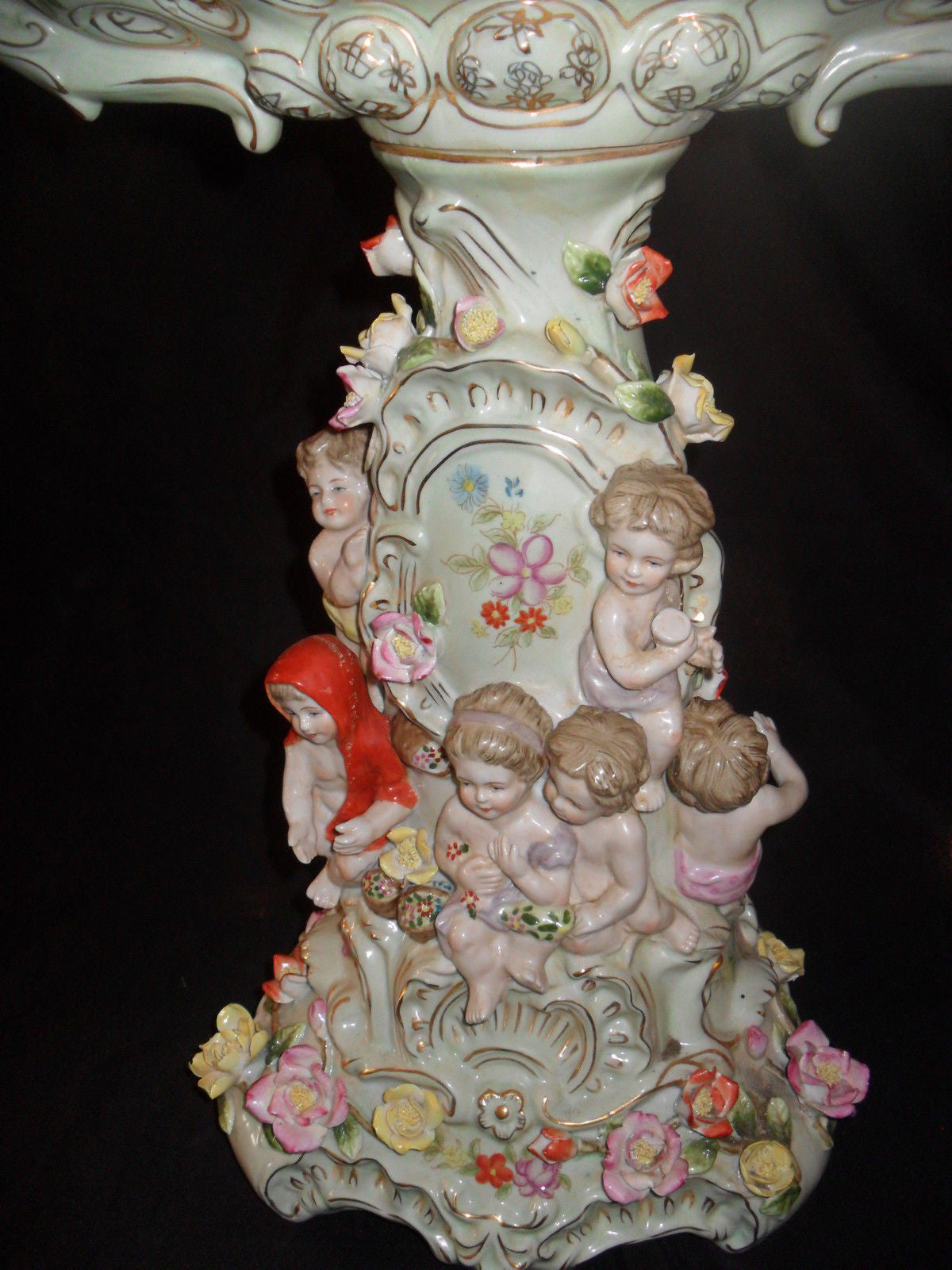 Porcelain Dresden - Centerpiece w/ Cherubs and Raised Flowers-Jantiques LLC.