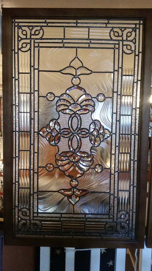 Glass Window - Stained Leaded Wood Frame Clear Glass w/ Geometry Beveled Design-Jantiques LLC.