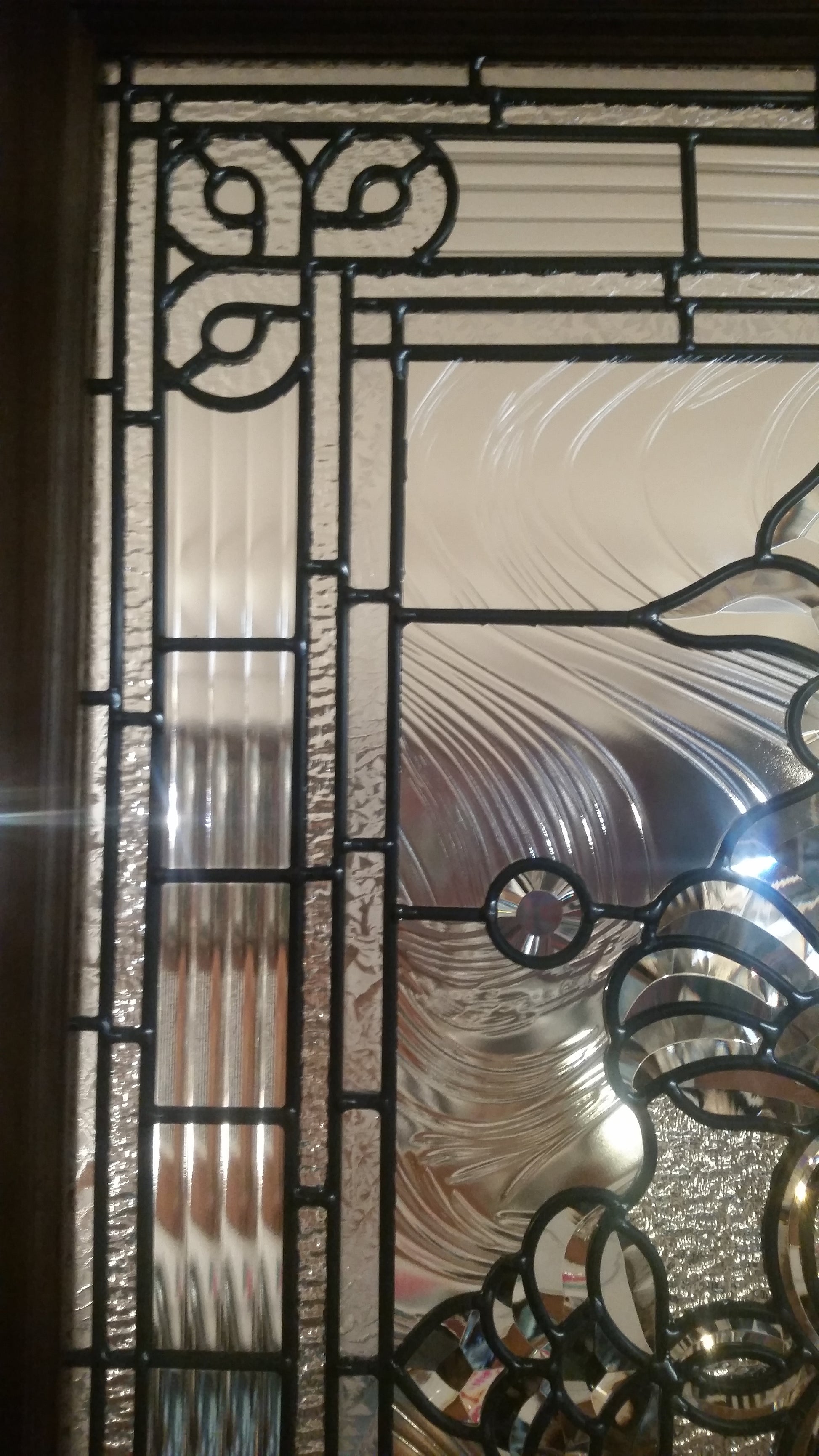 Glass Window - Stained Leaded Wood Frame Clear Glass w/ Geometry Beveled Design-Jantiques LLC.