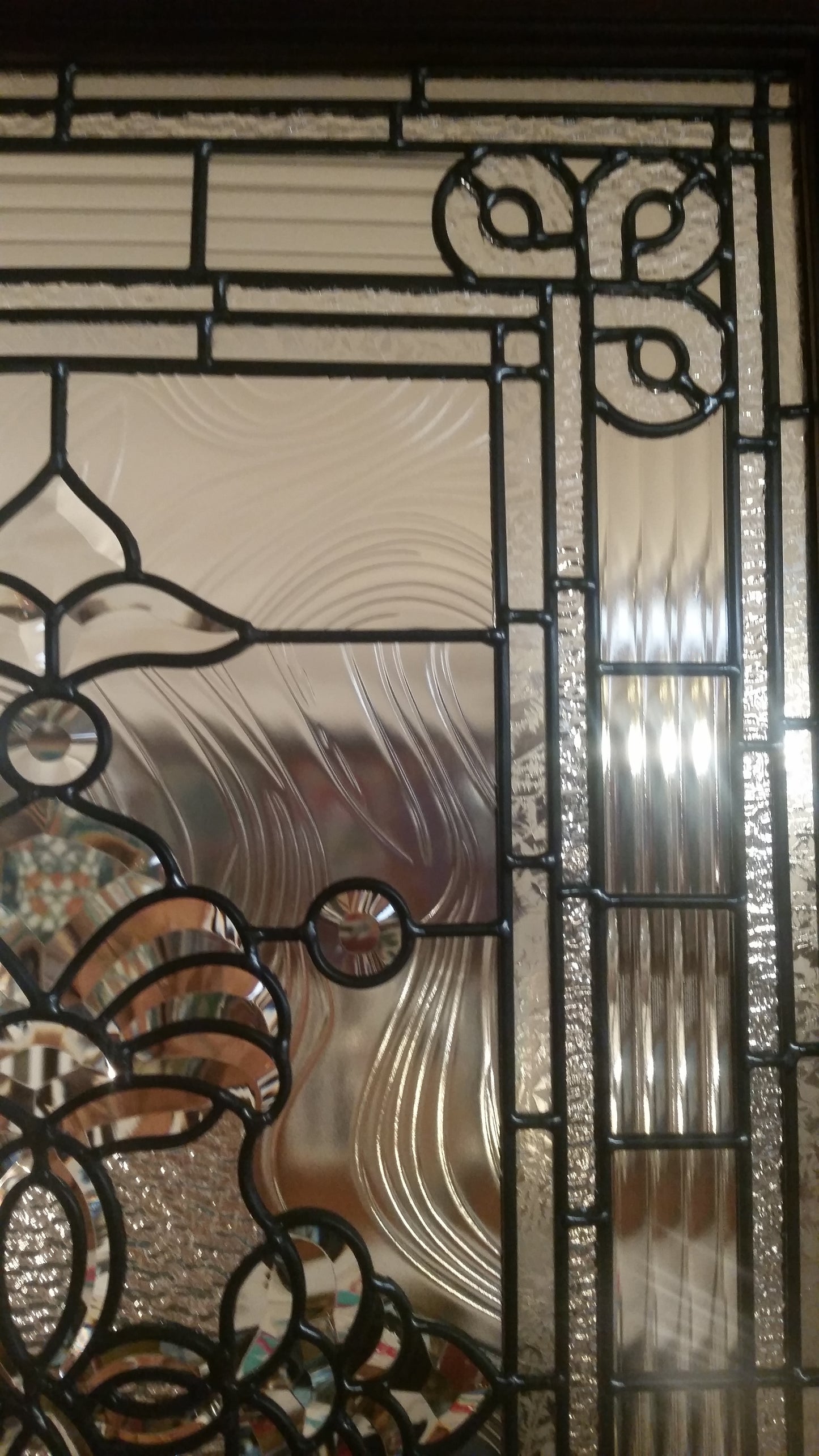 Glass Window - Stained Leaded Wood Frame Clear Glass w/ Geometry Beveled Design-Jantiques LLC.