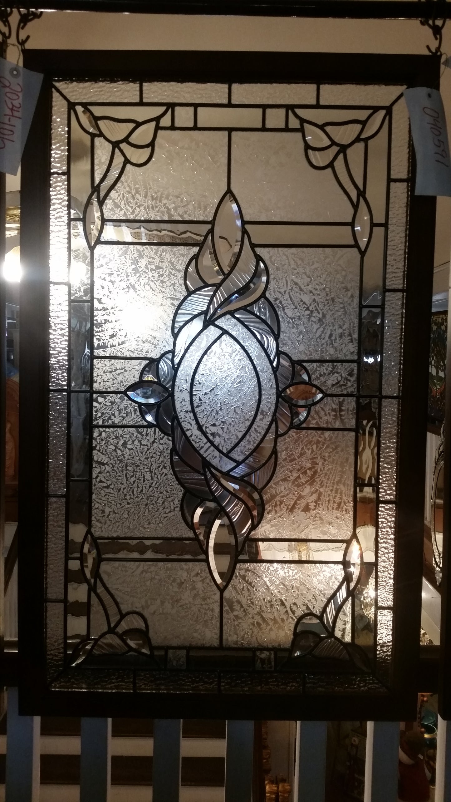 Glass Window - Stained Leaded Wood Frame Clear Glass w/ Twirl Beveled Design-Jantiques LLC.