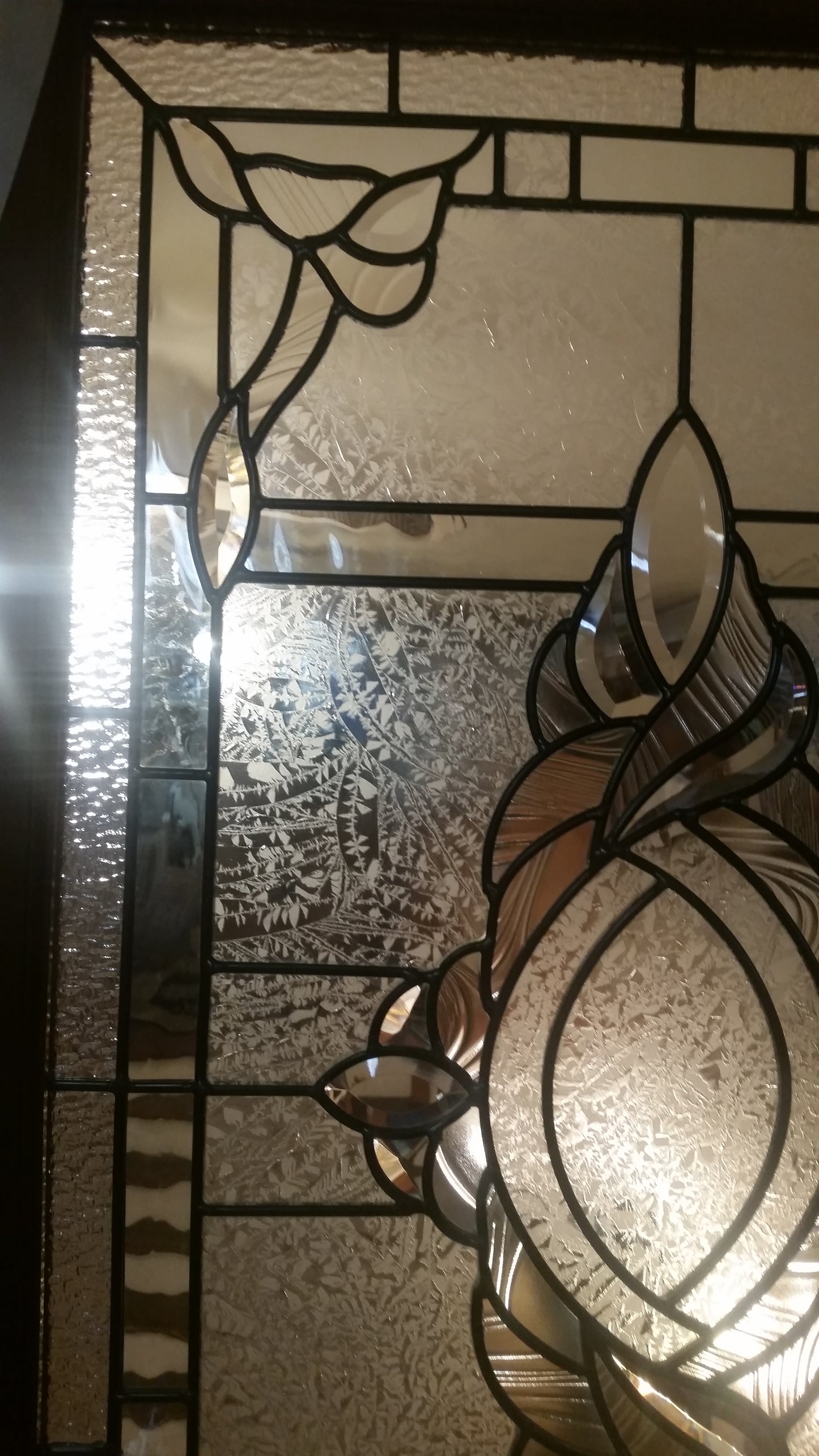 Glass Window - Stained Leaded Wood Frame Clear Glass w/ Twirl Beveled Design-Jantiques LLC.