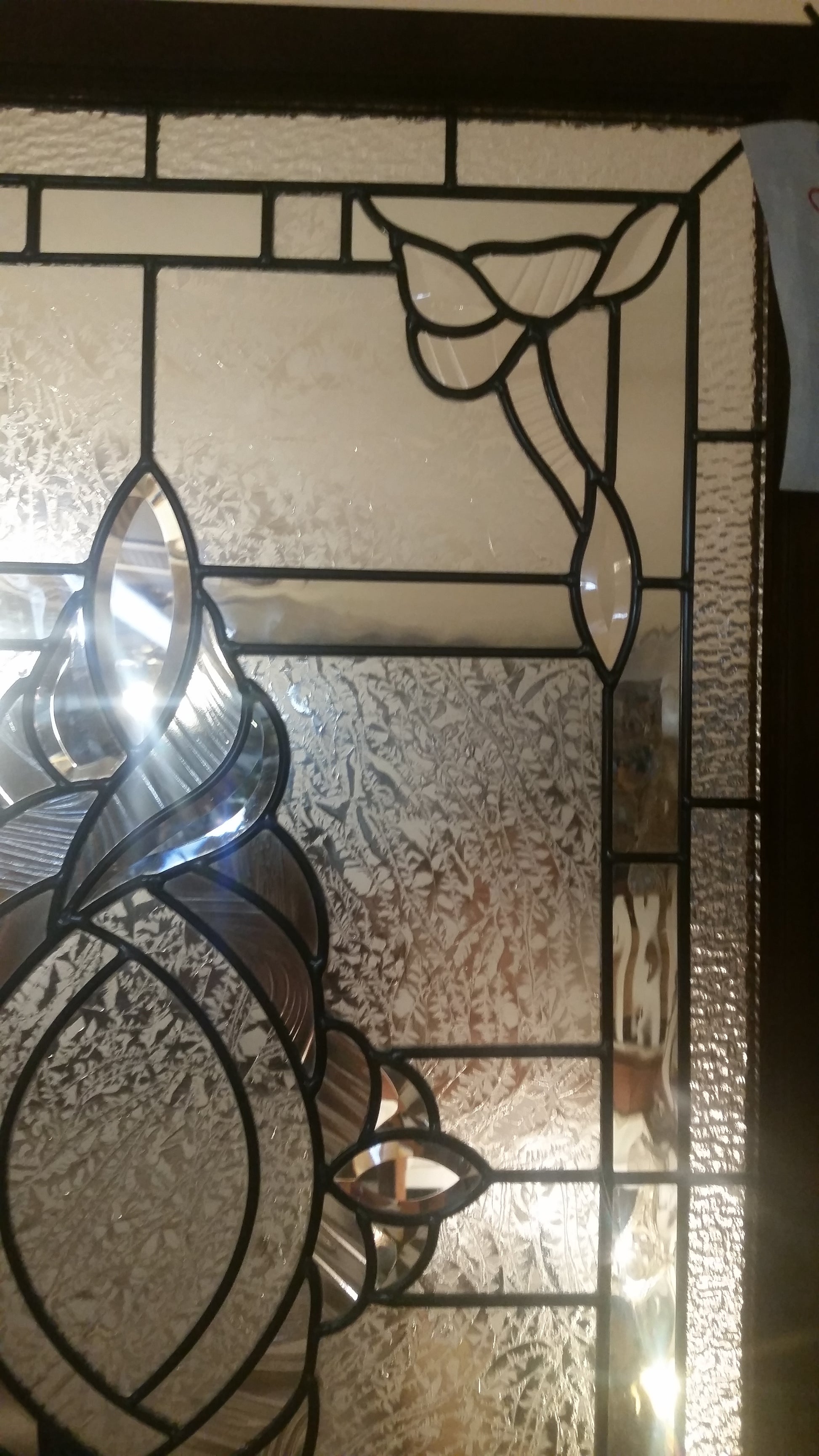 Glass Window - Stained Leaded Wood Frame Clear Glass w/ Twirl Beveled Design-Jantiques LLC.